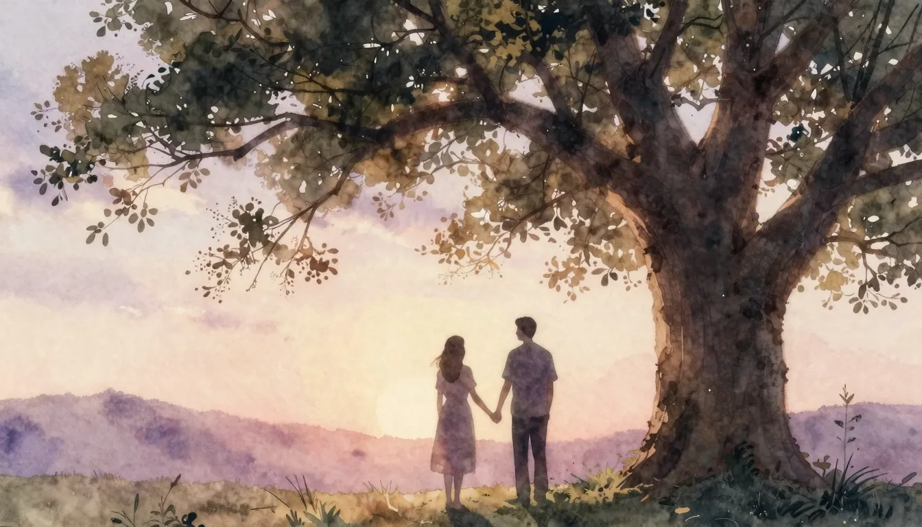 Watercolor style. A silhouette of a couple holding hands, st...