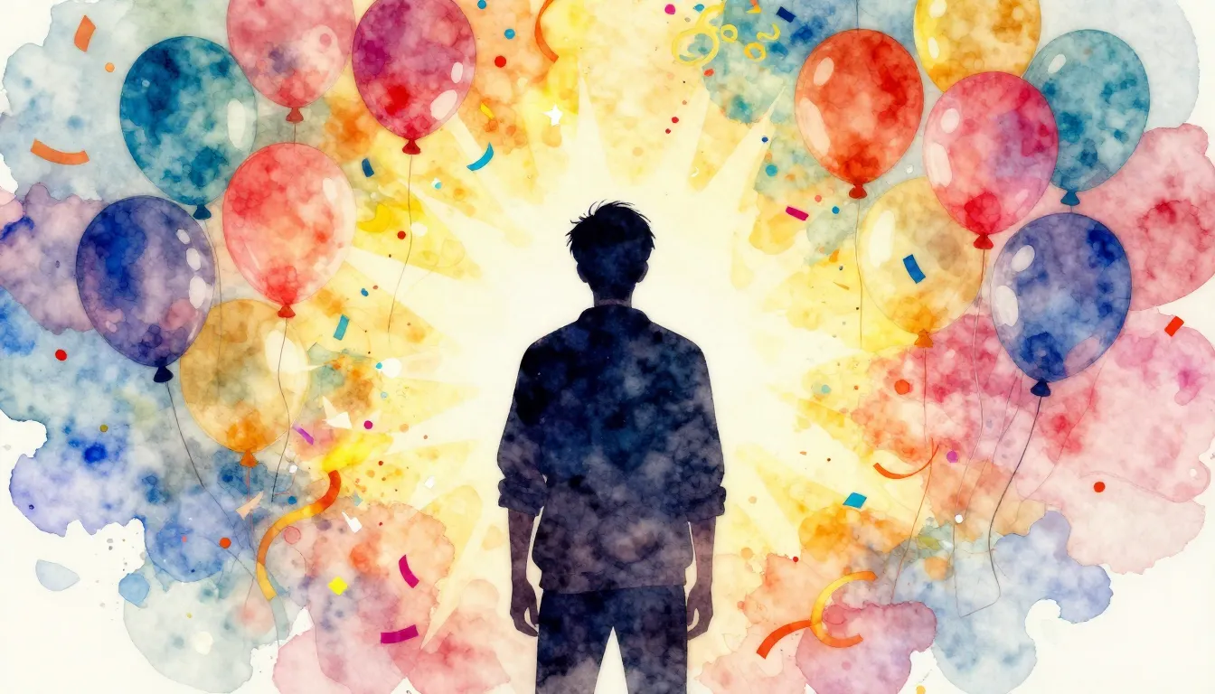 Watercolor style. A silhouette of a young man standing amids...