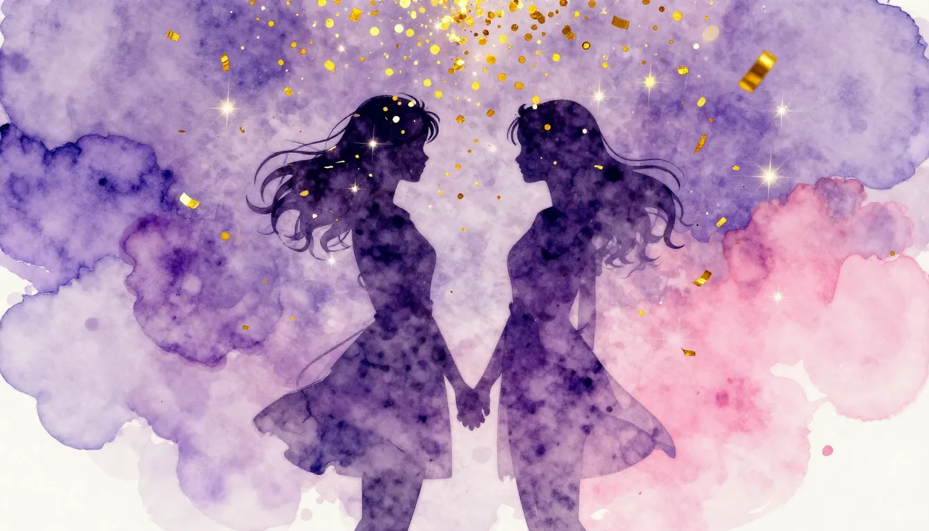 Watercolor style. Two female silhouettes standing together u...