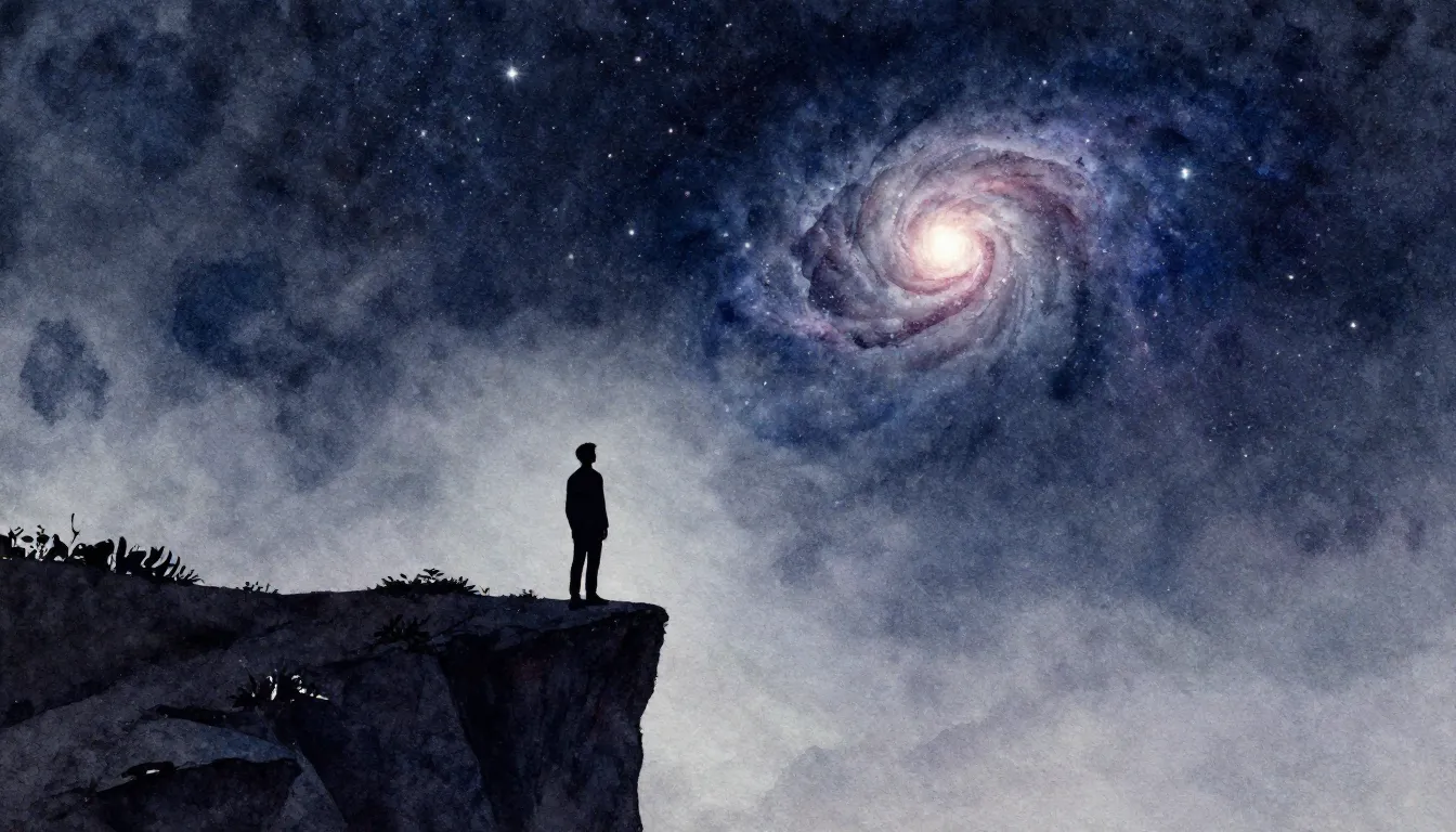 Watercolor style. A dark silhouette of a person standing on ...