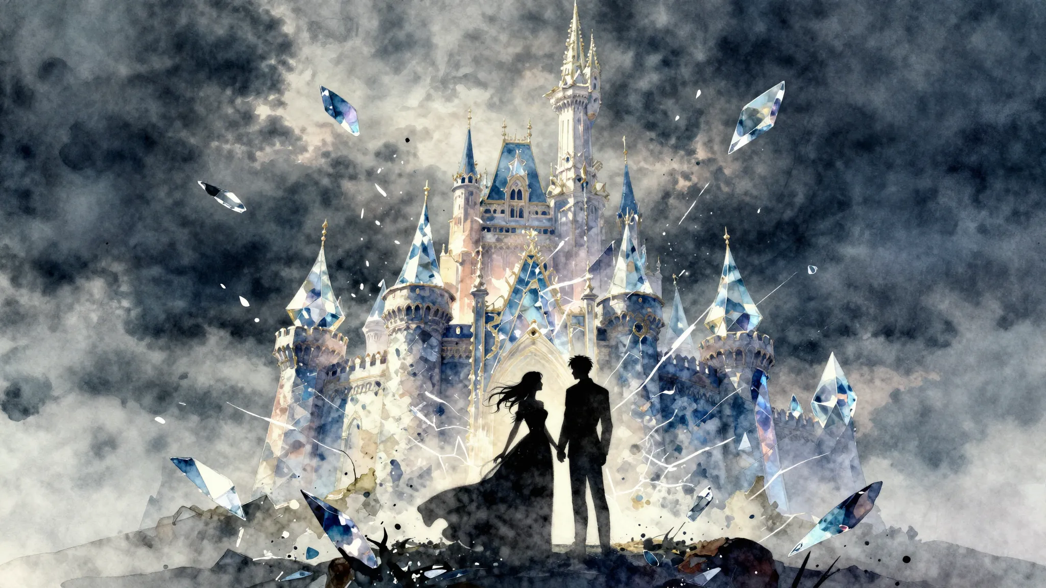 Watercolor style. A silhouette of a couple standing before a...