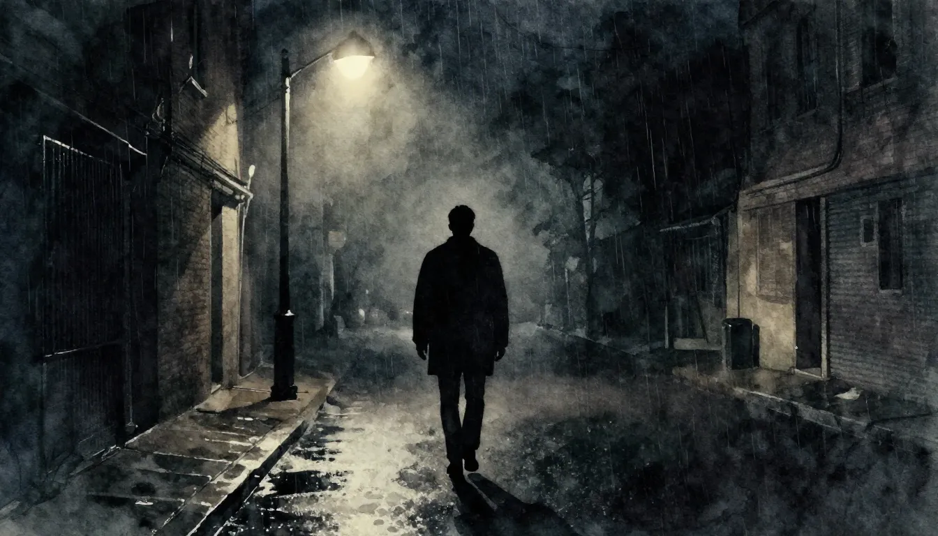 Watercolor style. A lonely silhouette of a man walking down ...