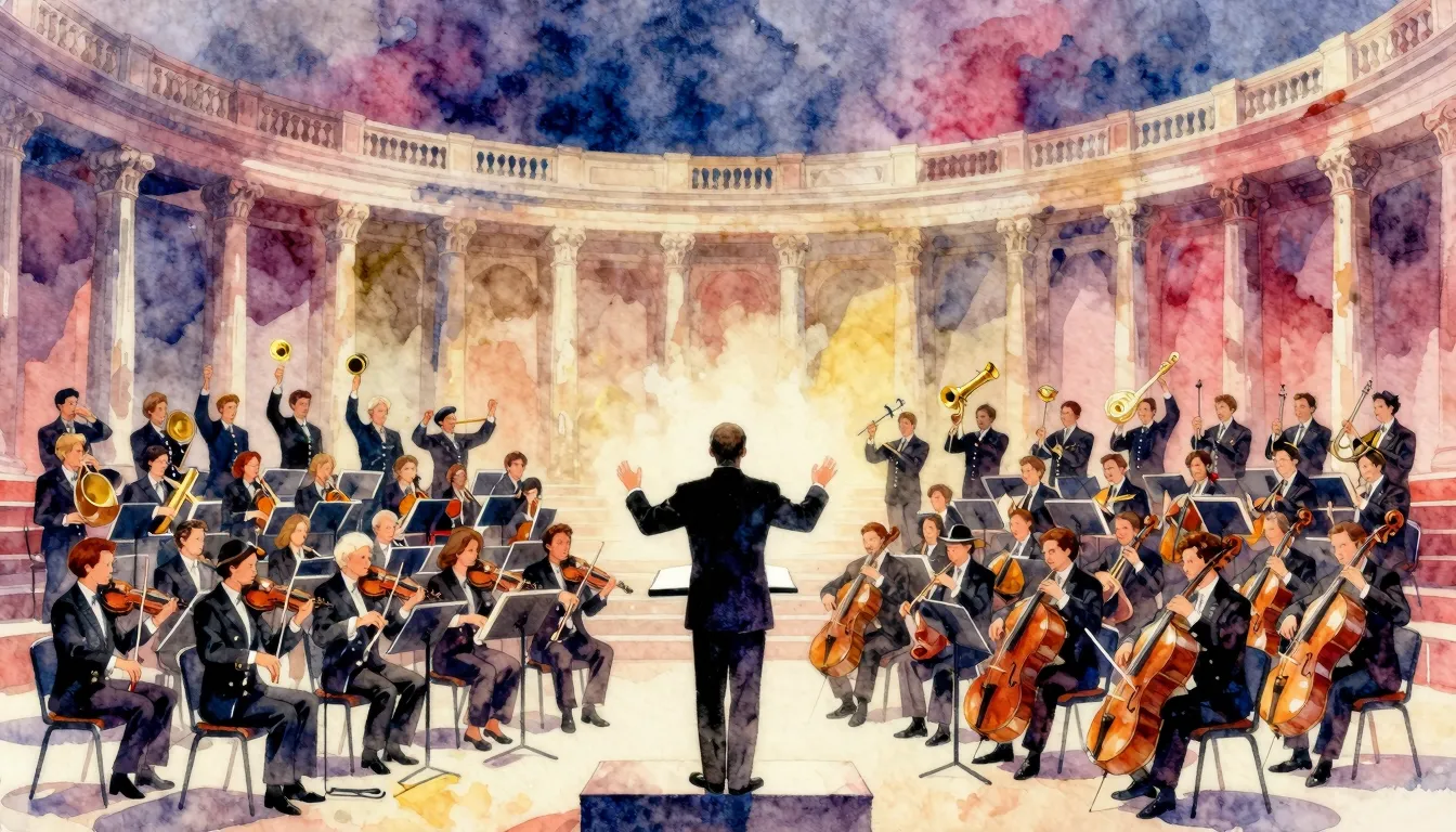 Vibrant watercolor style. Rock opera album cover. A conducto...