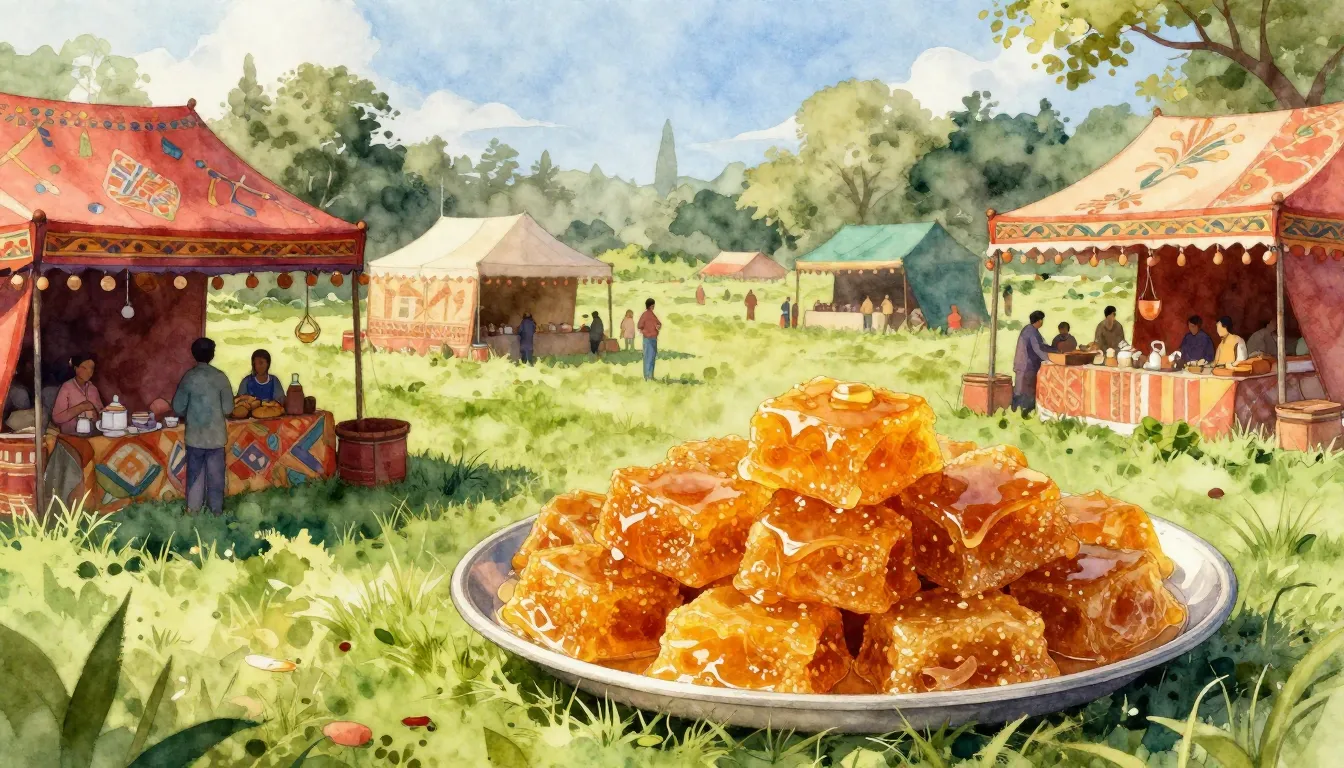 Watercolor style. Vibrant outdoor festival scene, traditiona...