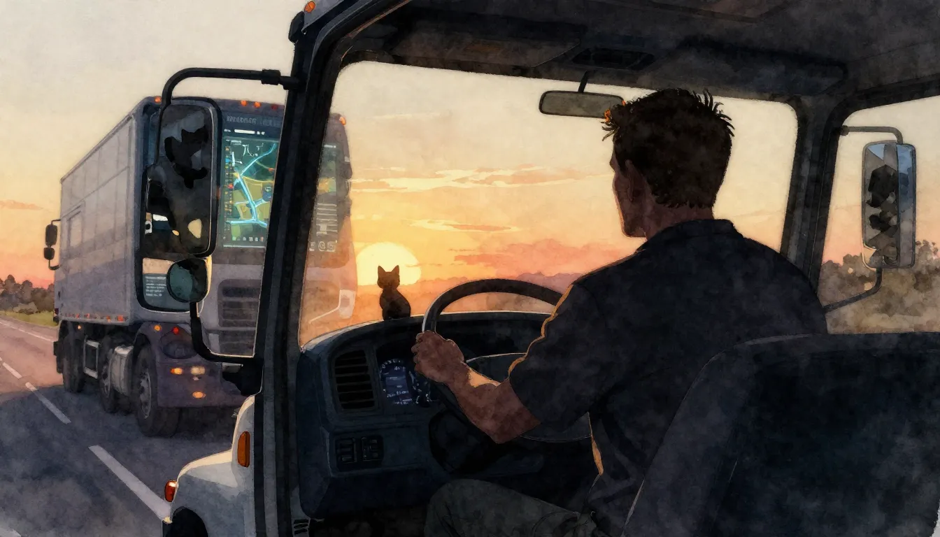 Watercolor style. A dark silhouette of a man driving a large...