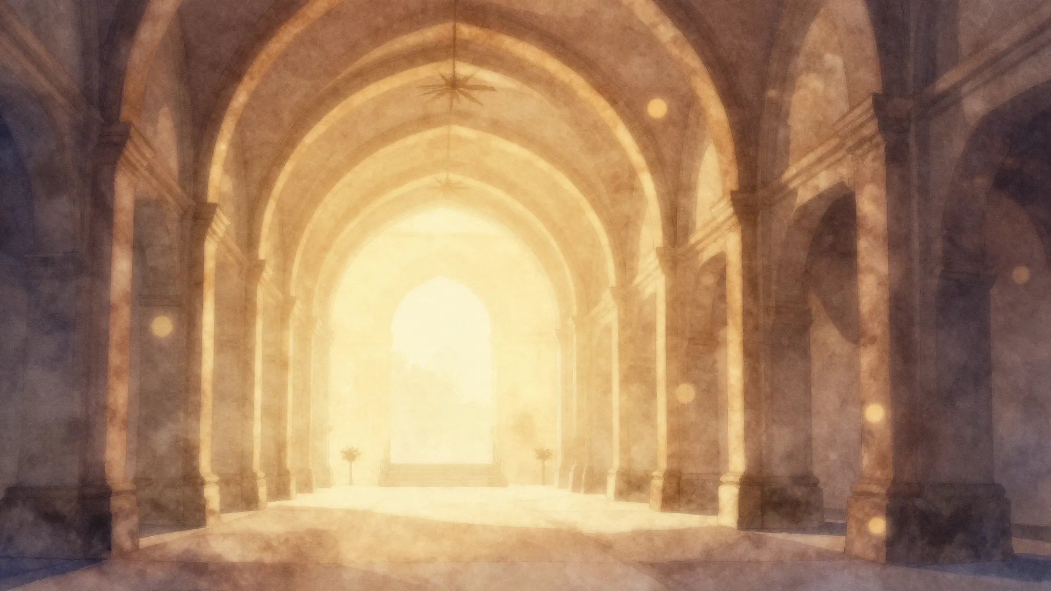 Watercolor style. Silhouette of a grand hall with high arche...