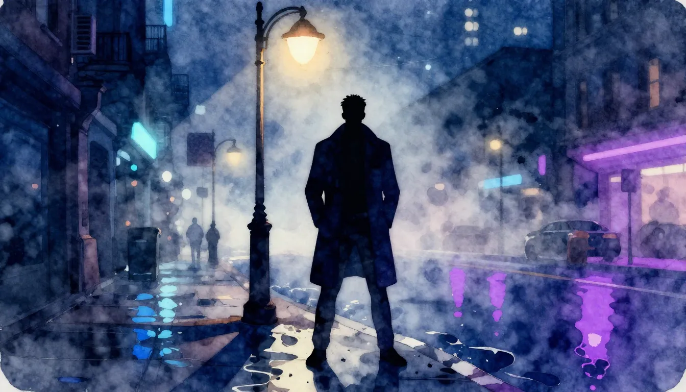 Watercolor style. Night city street with neon blue and purpl...