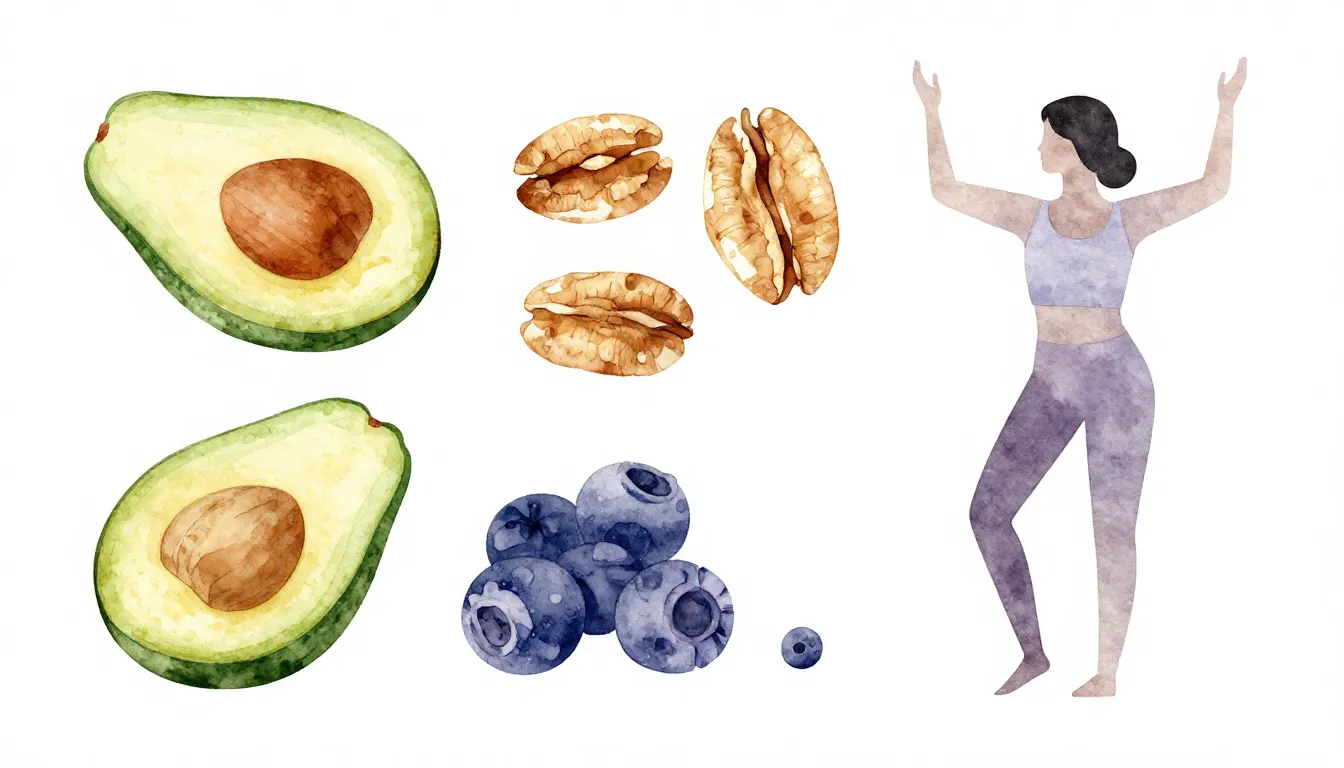 Watercolor style. Flat lay of healthy ingredients like avoca...