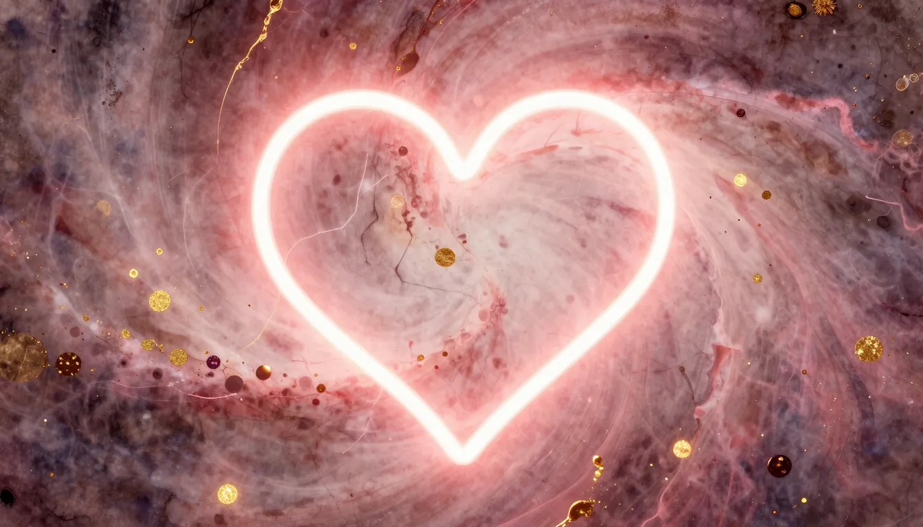 Watercolor style. A glowing neon heart silhouette floating i...