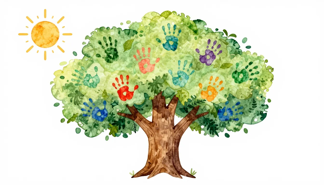 Watercolor style. A stylized, vibrant tree with a wide trunk...