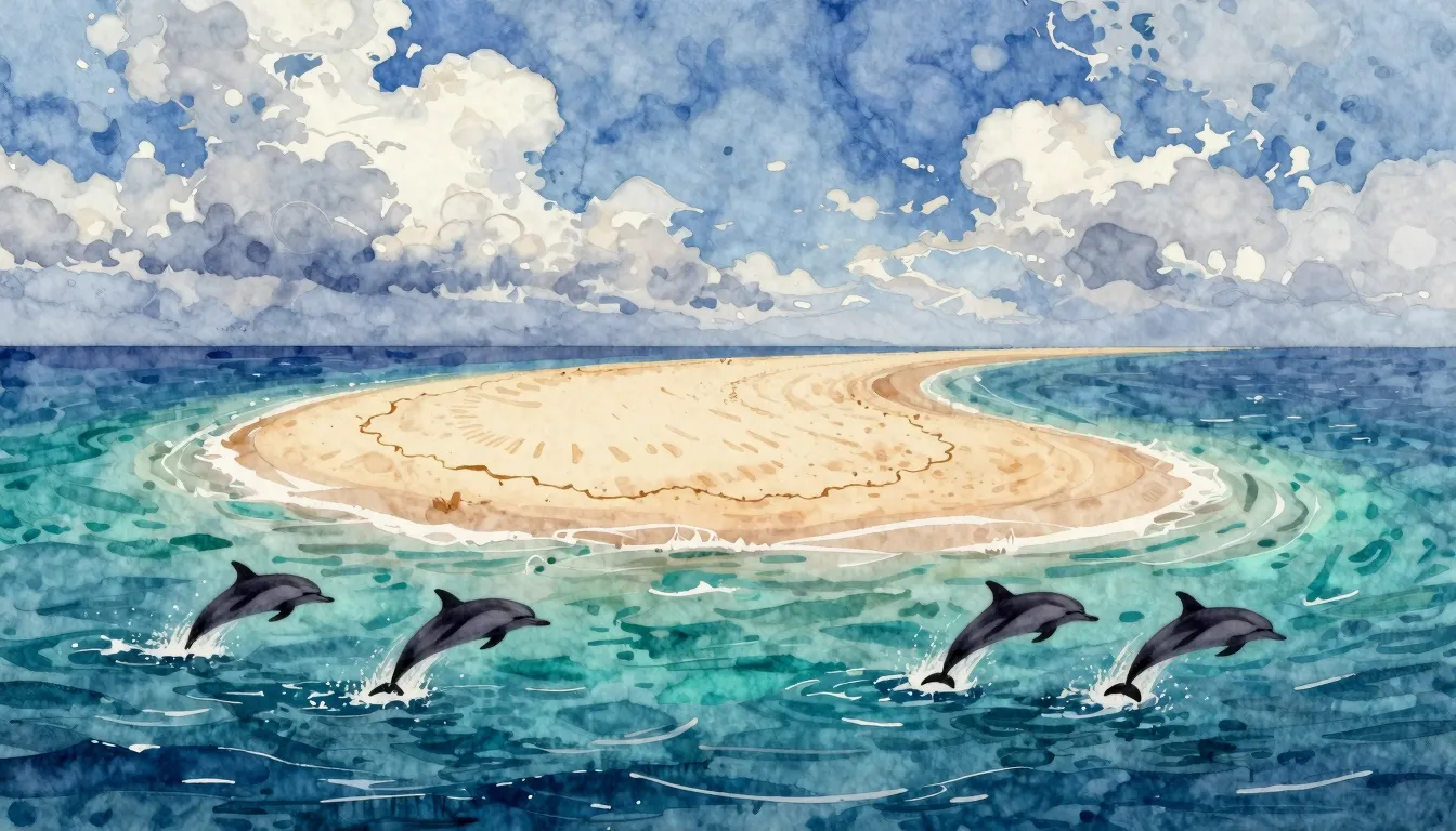 Watercolor style. A beautiful sandy spit surrounded by azure...