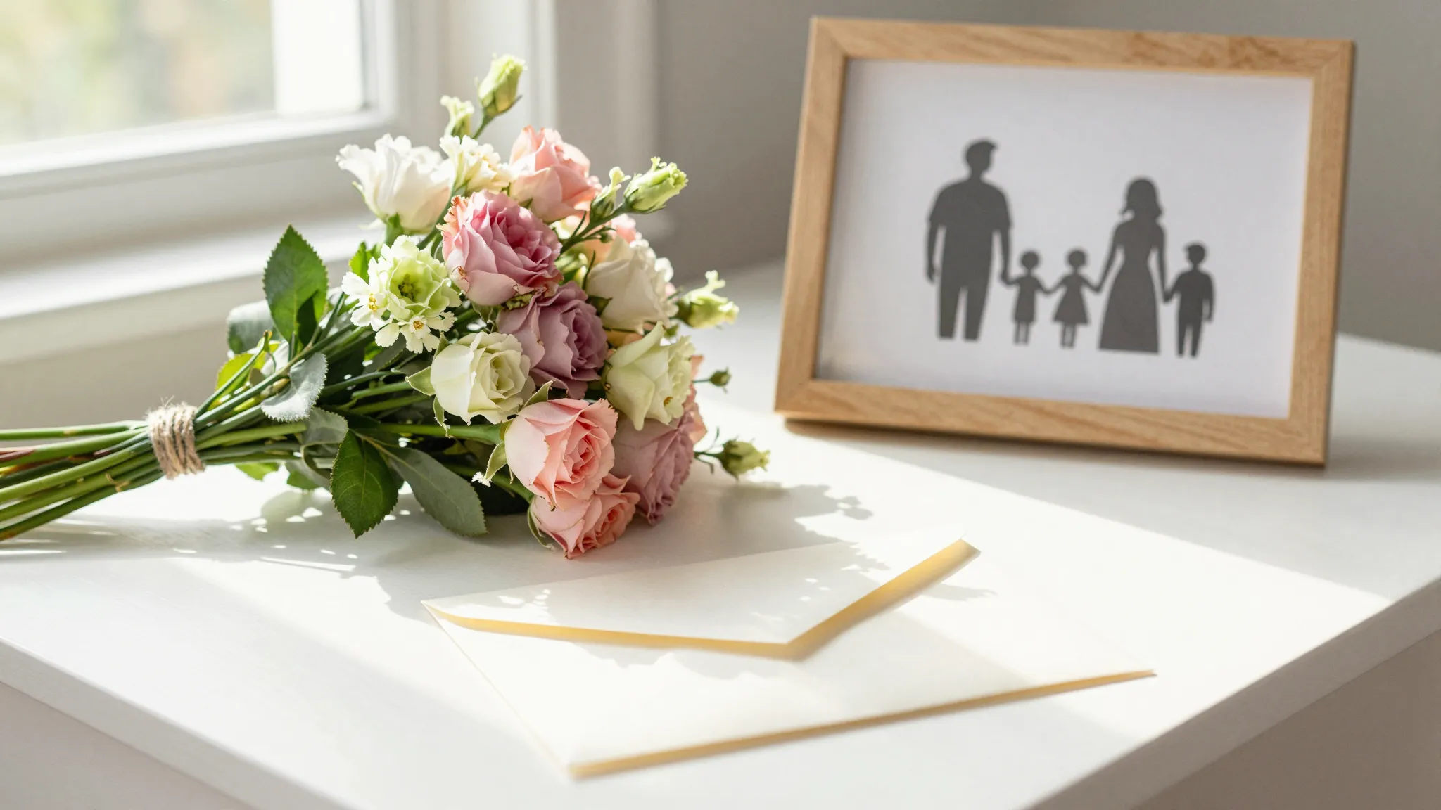 Watercolor style. A beautiful bouquet of flowers next to a f...