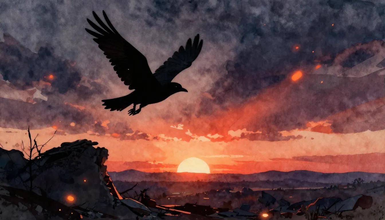 Watercolor style. A dark silhouette of a bird flying over a ...