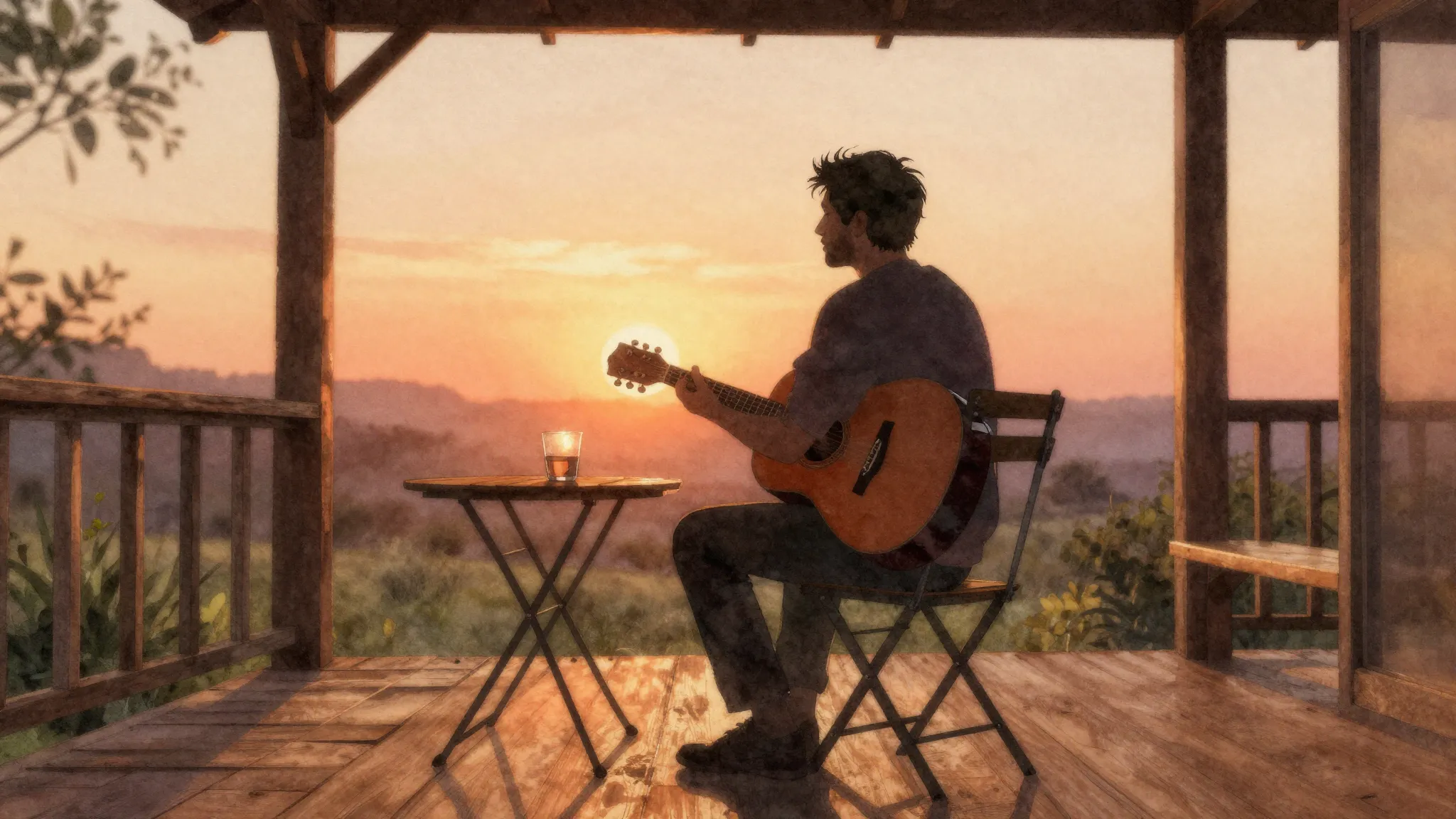 Watercolor style. A silhouette of a man holding an acoustic ...