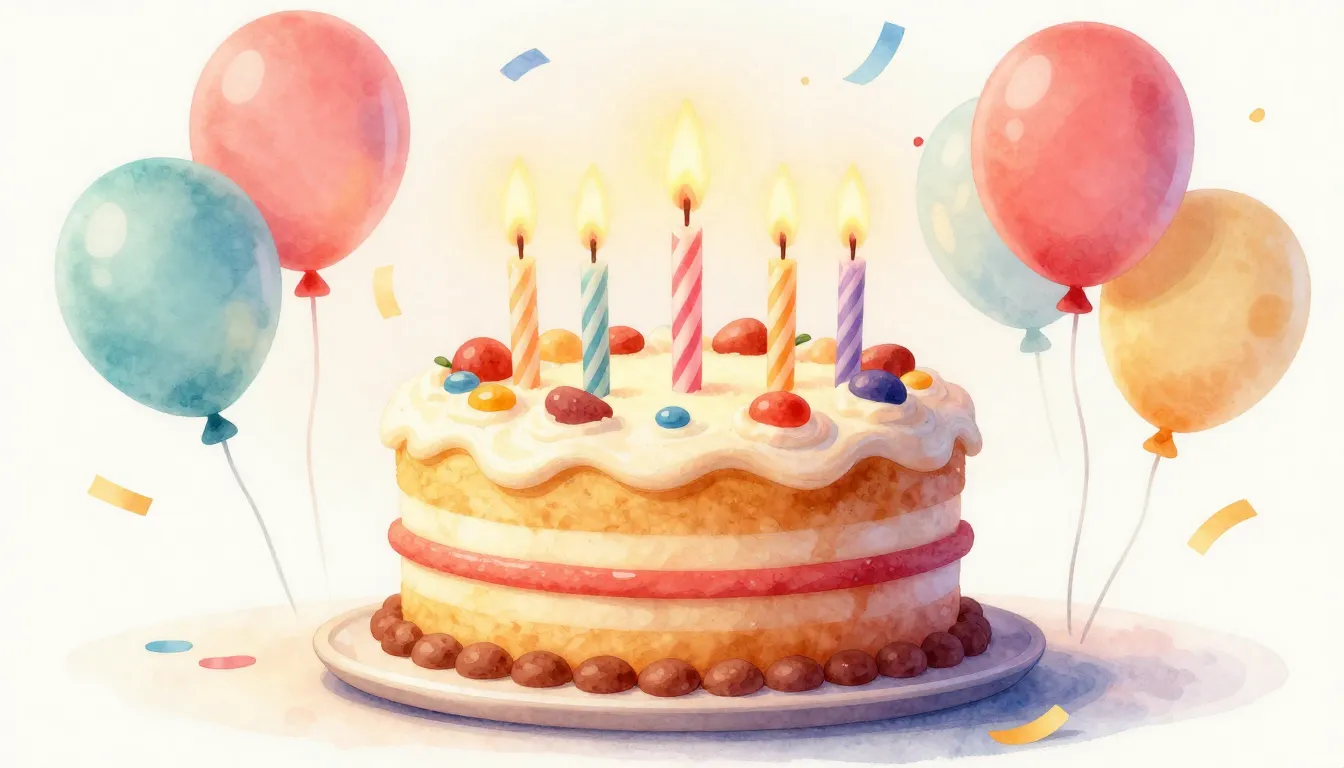 Watercolor style. A vibrant birthday cake with burning candl...