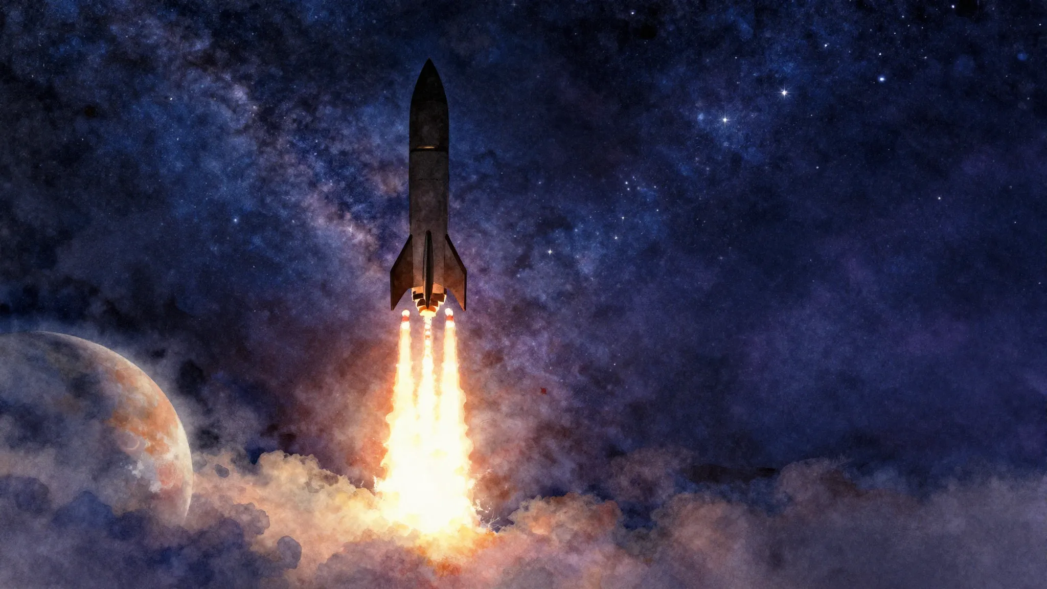 Watercolor style. Silhouette of a rocket launching into the ...