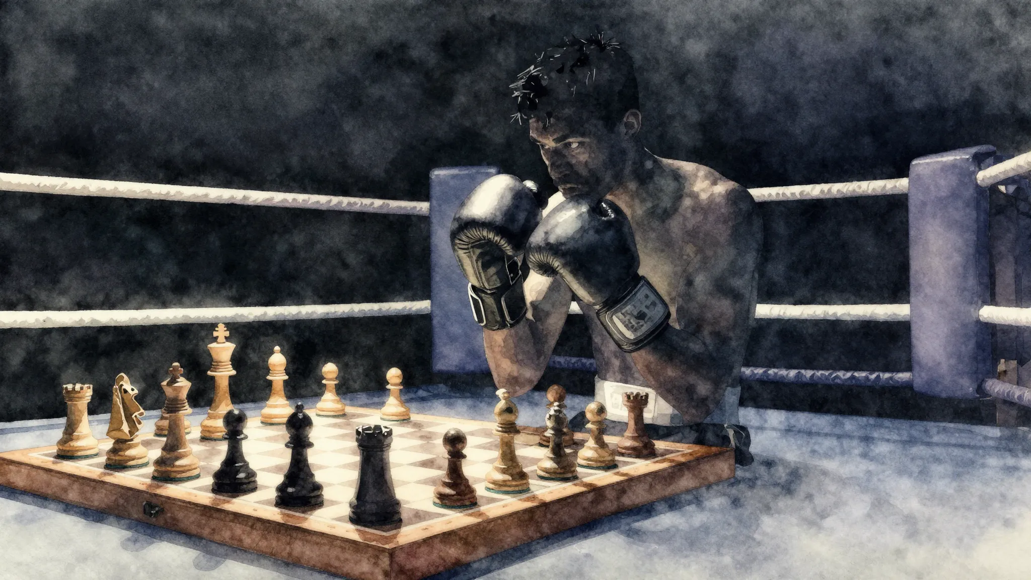 Watercolor style. Silhouette of a boxer sitting at a chessbo...