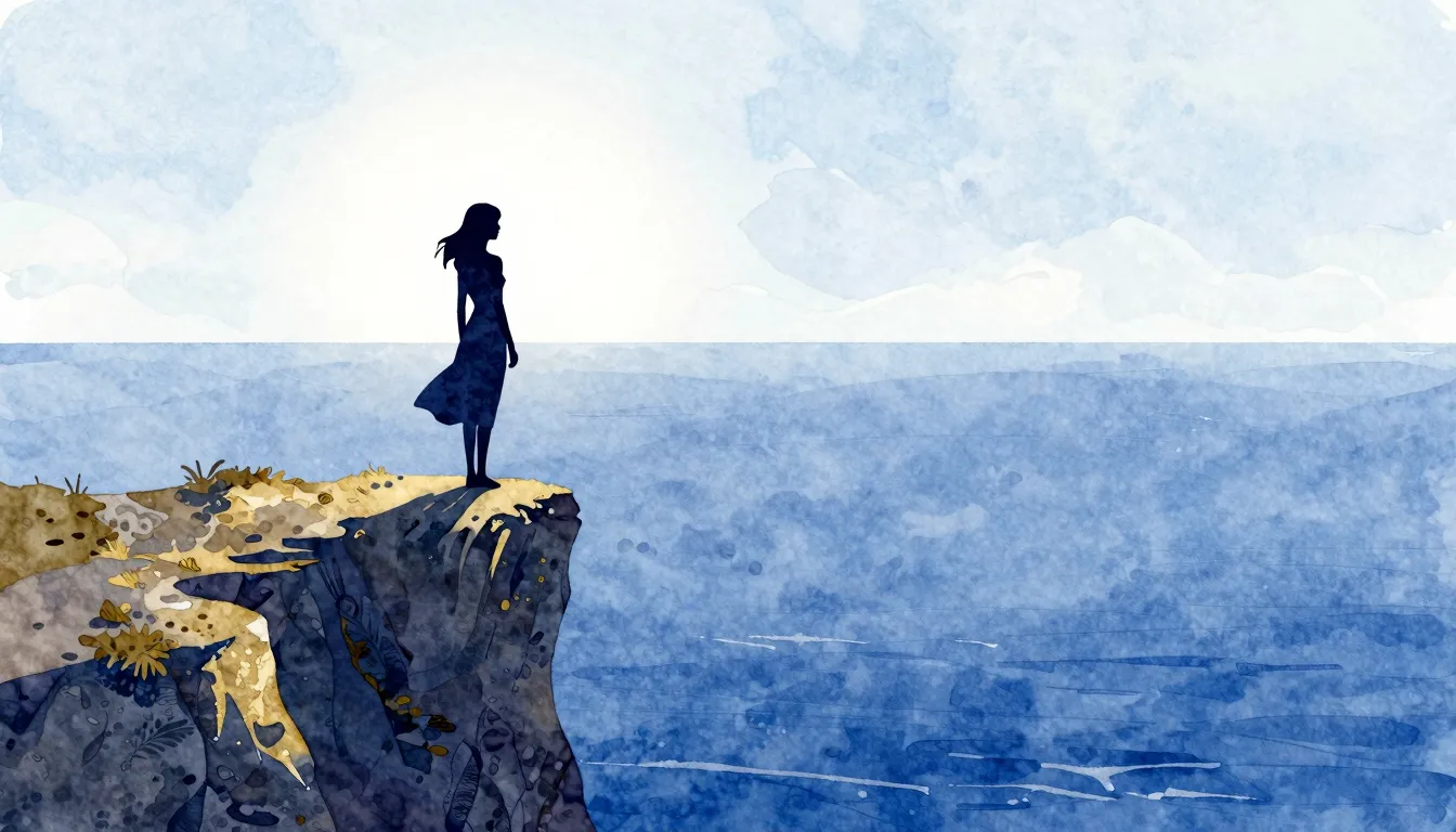 Watercolor style. A silhouette of a woman standing on a clif...