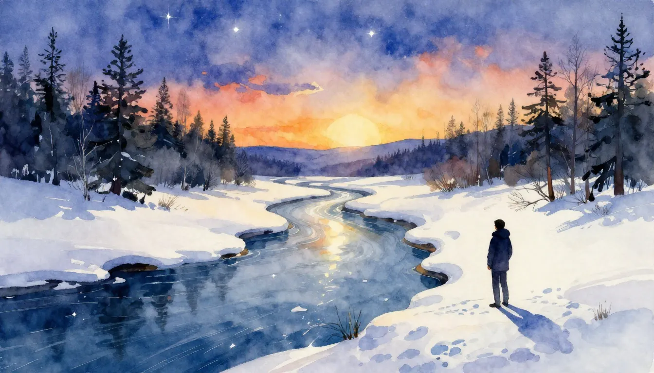 Vibrant watercolor style. A serene landscape with a river re...