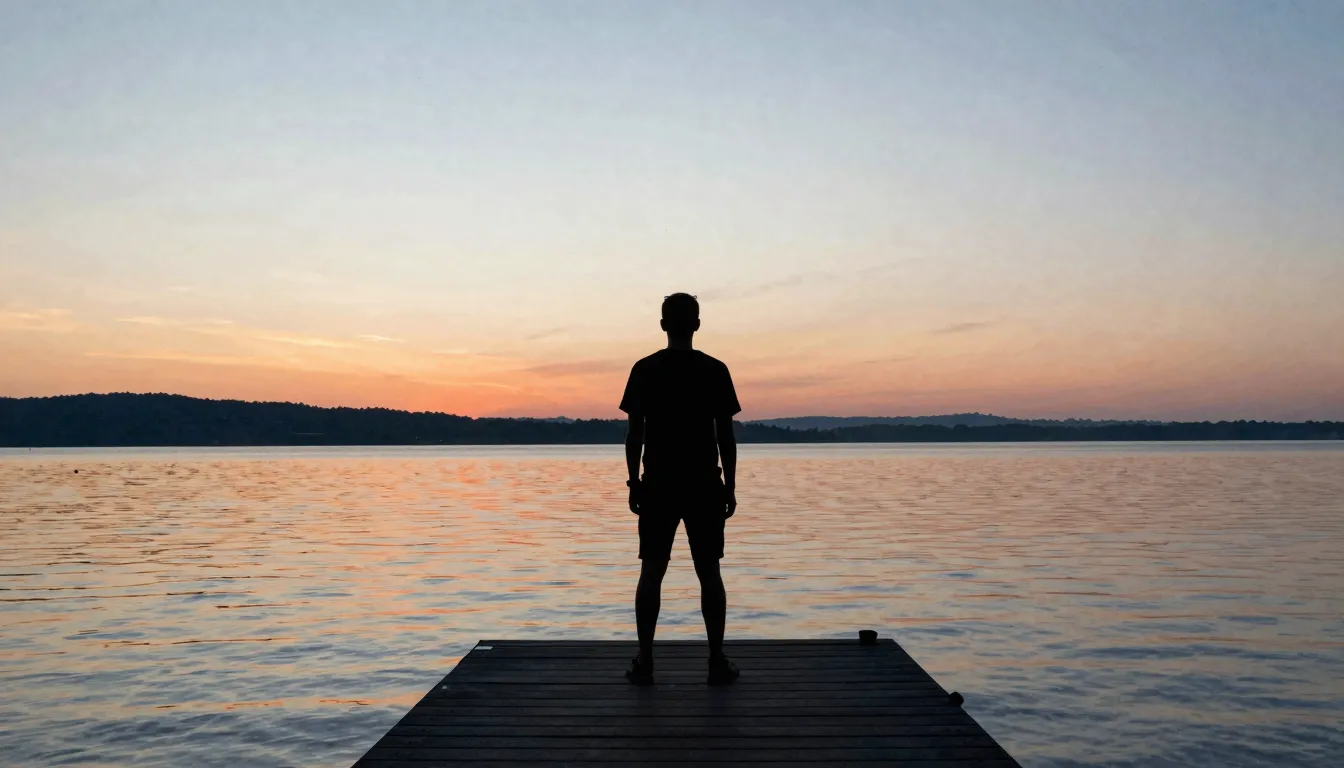 Watercolor style. A silhouette of a man standing on a pier l...