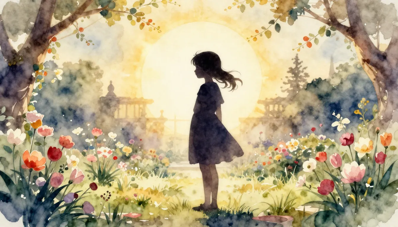 Watercolor style. A silhouette of a small girl standing in a...