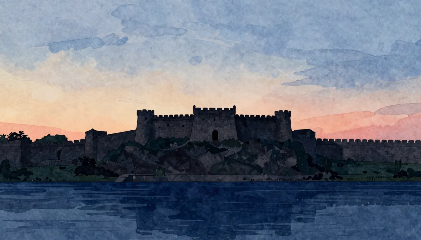 Watercolor style. Silhouette of an ancient stone fortress on...