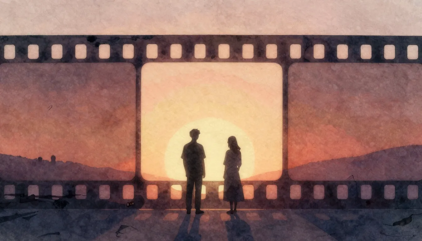 Watercolor style. Minimalist silhouette of two figures stand...