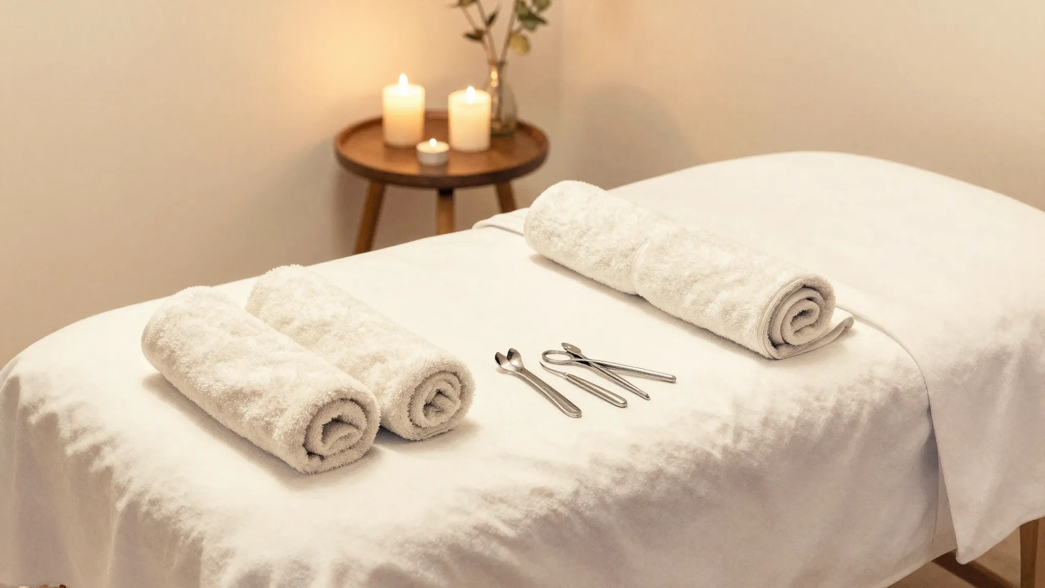 Watercolor style. A cozy spa atmosphere with a massage table...