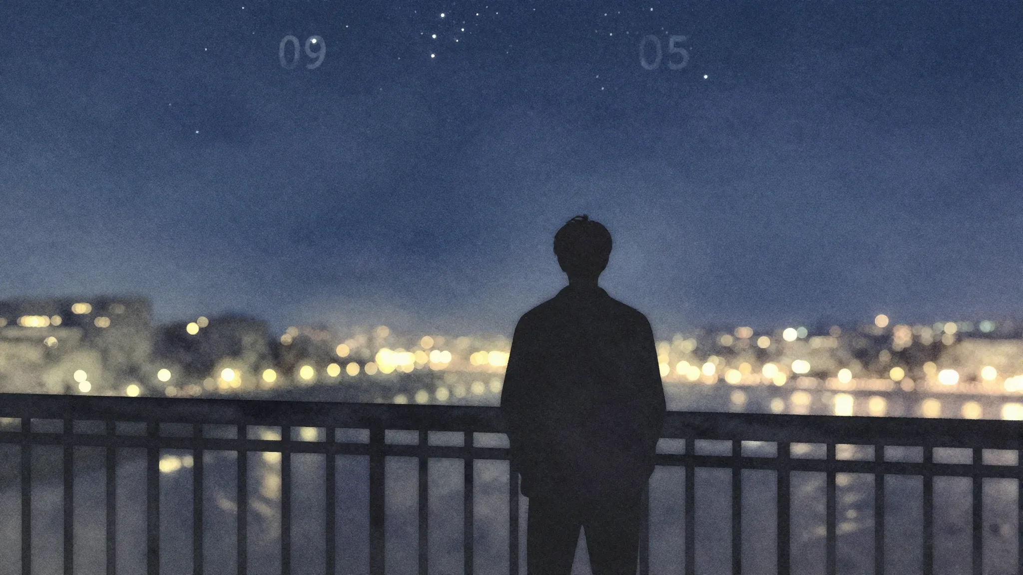 Watercolor style. A dark silhouette of a person standing on ...