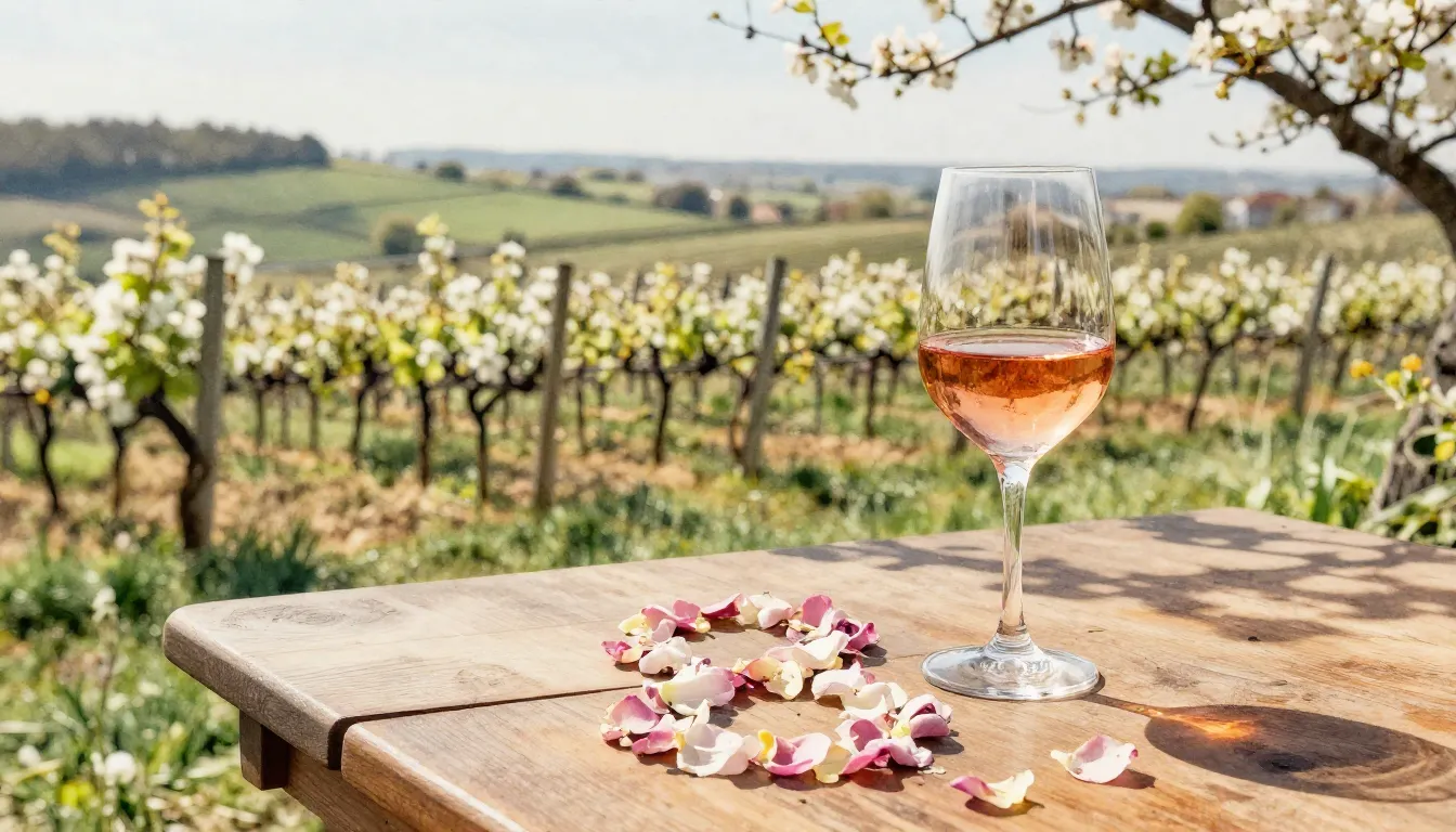 Watercolor style. Spring vineyard landscape, blooming flower...