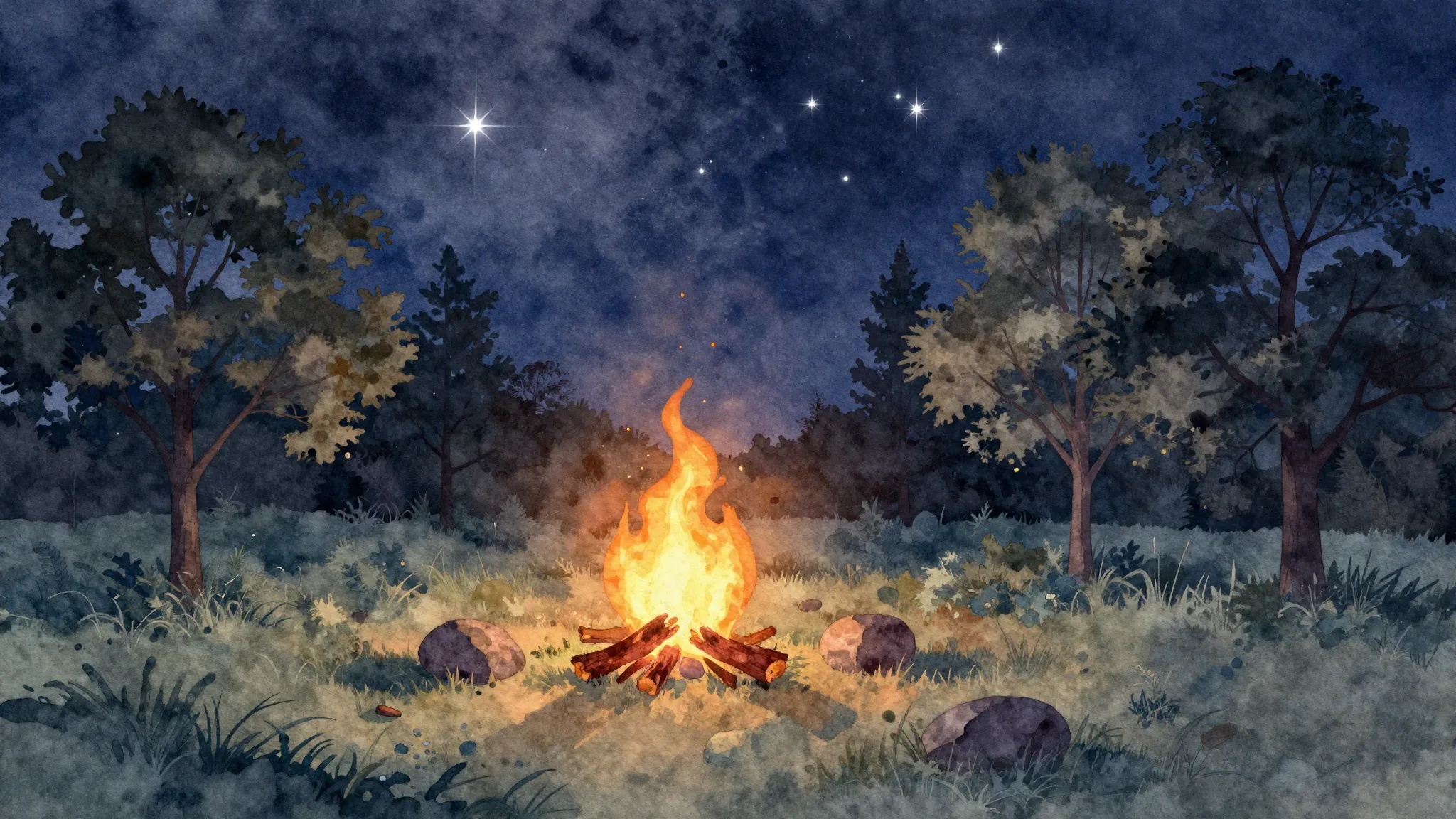 Watercolor style. Silhouettes of trees in a field, a glowing...