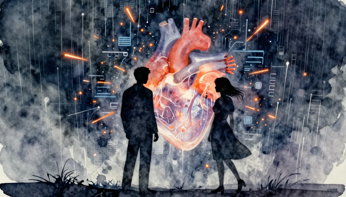 Watercolor style. Silhouette of two figures in a digital sto...