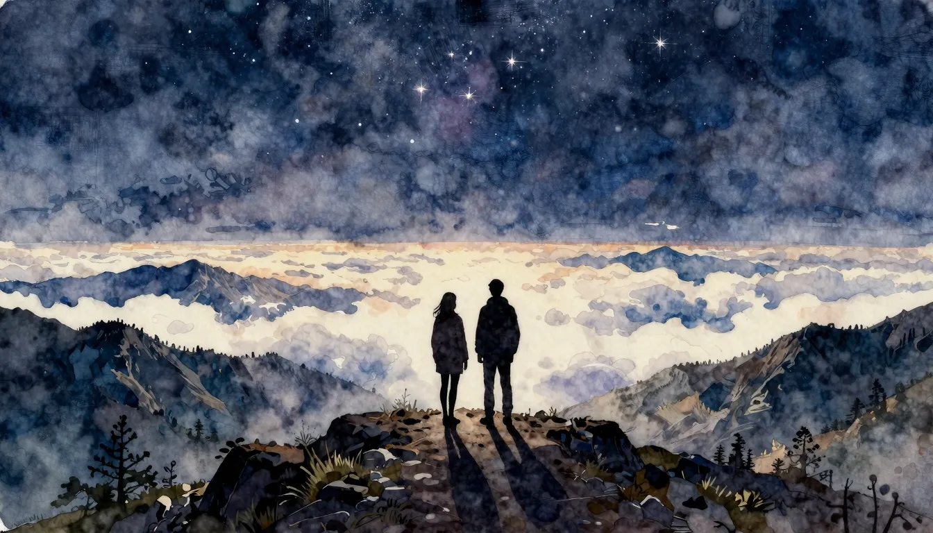 Watercolor style. A silhouette of a couple standing on a mou...