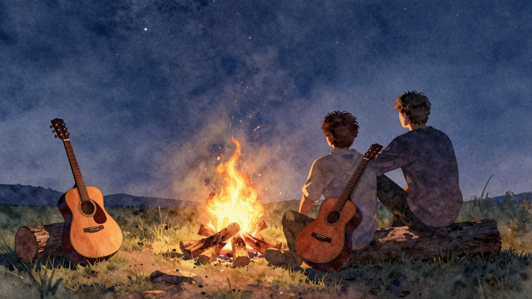 Watercolor style. Silhouette of two men sitting by a campfir...