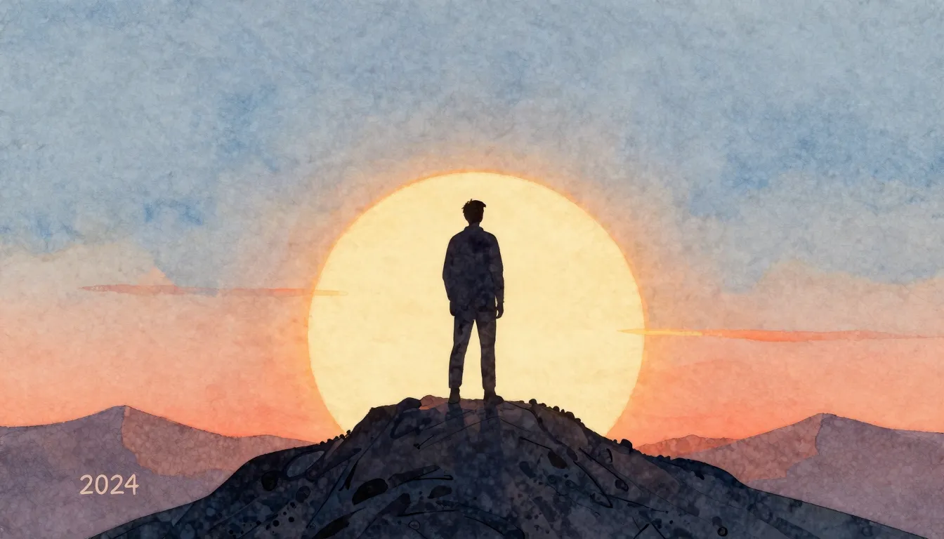 Watercolor style. A silhouette of a man standing on a mounta...