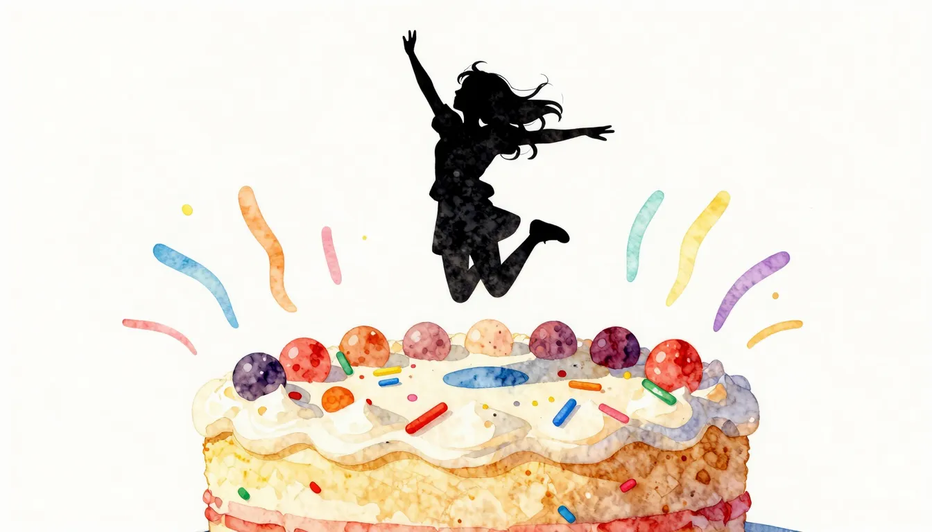 Watercolor style. A silhouette of a girl joyfully jumping on...