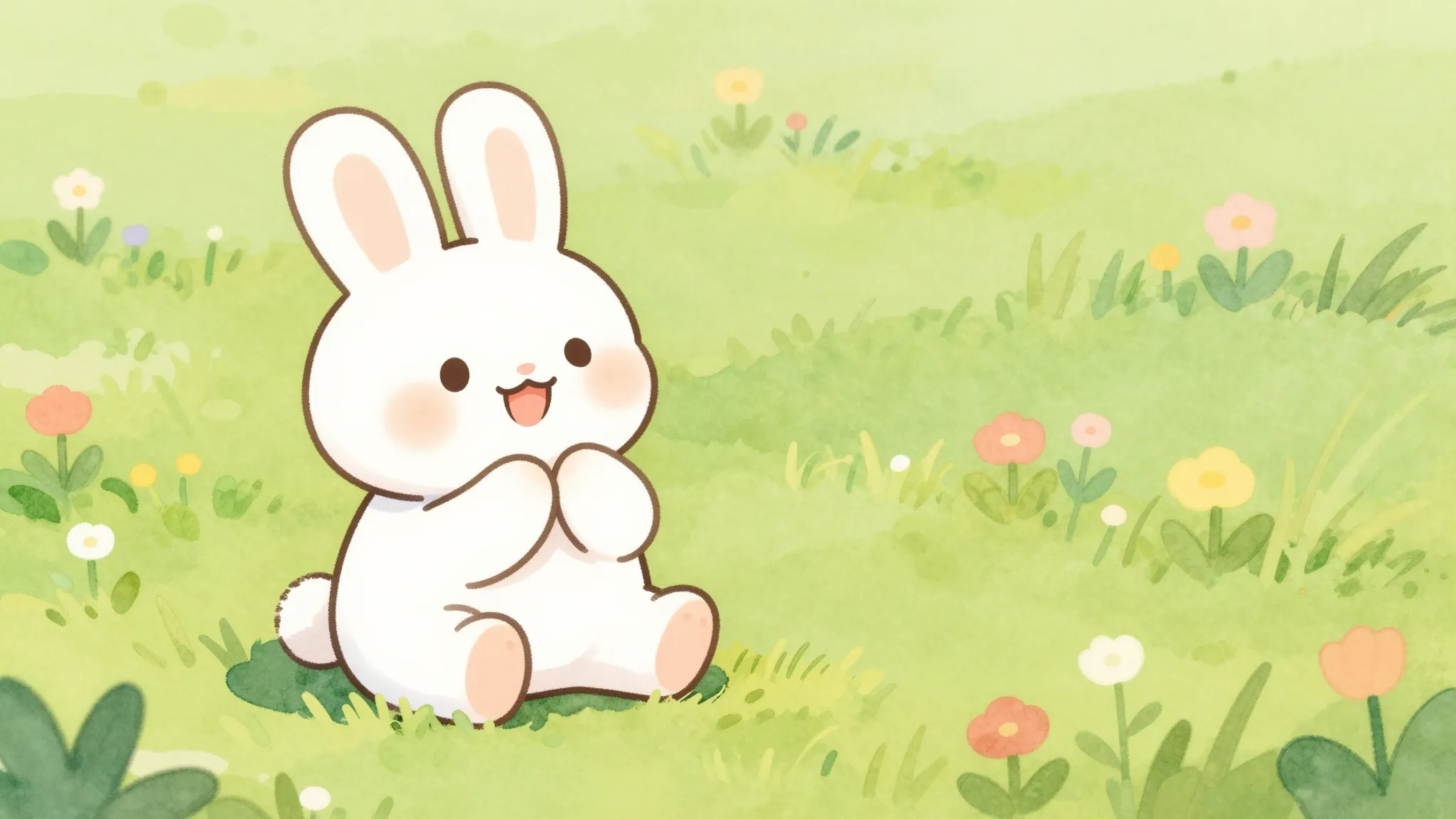 Watercolor style. Cute cartoon bunny sitting on a colorful m...