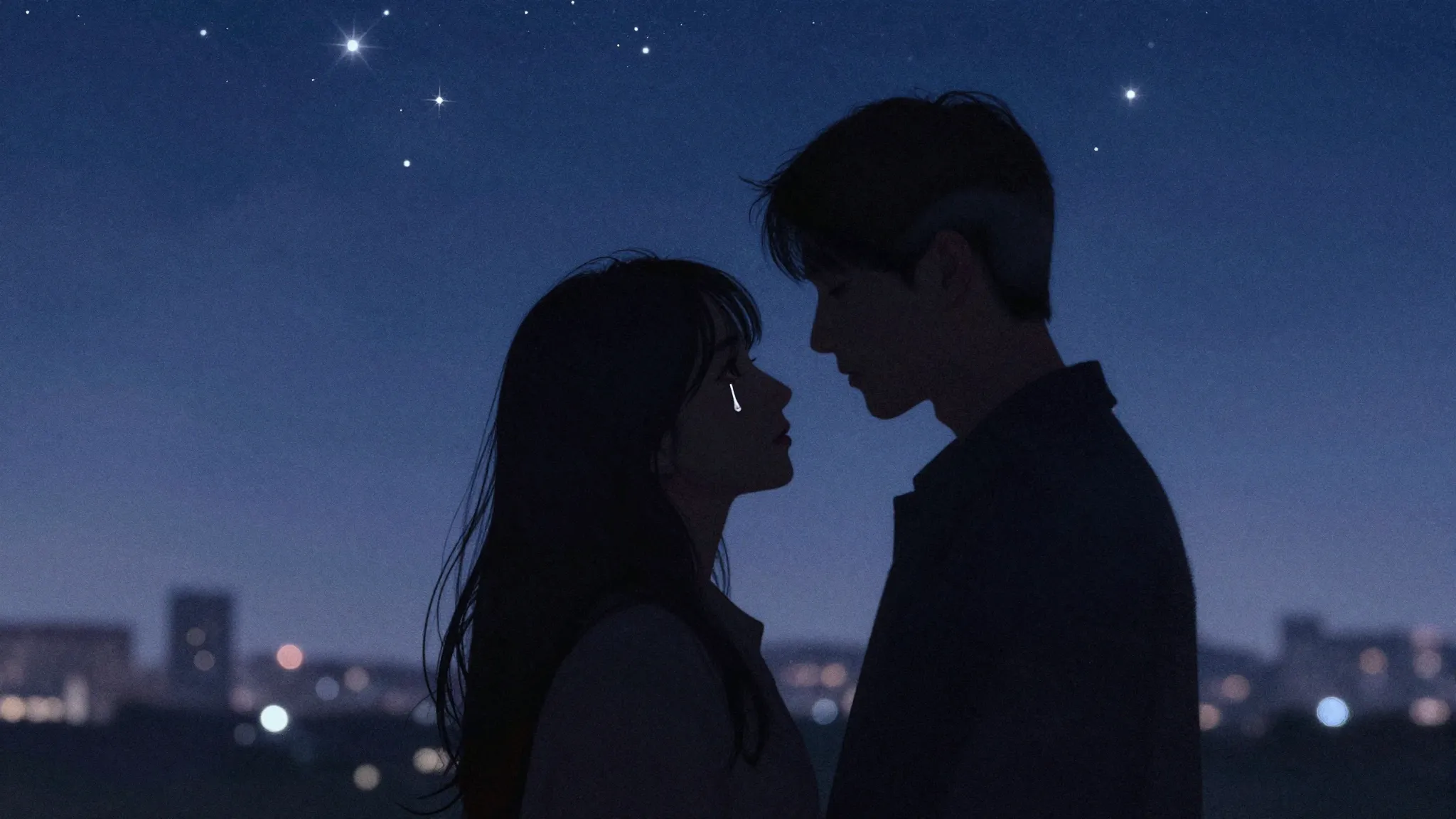 Watercolor style. Silhouette of a couple under a starry nigh...