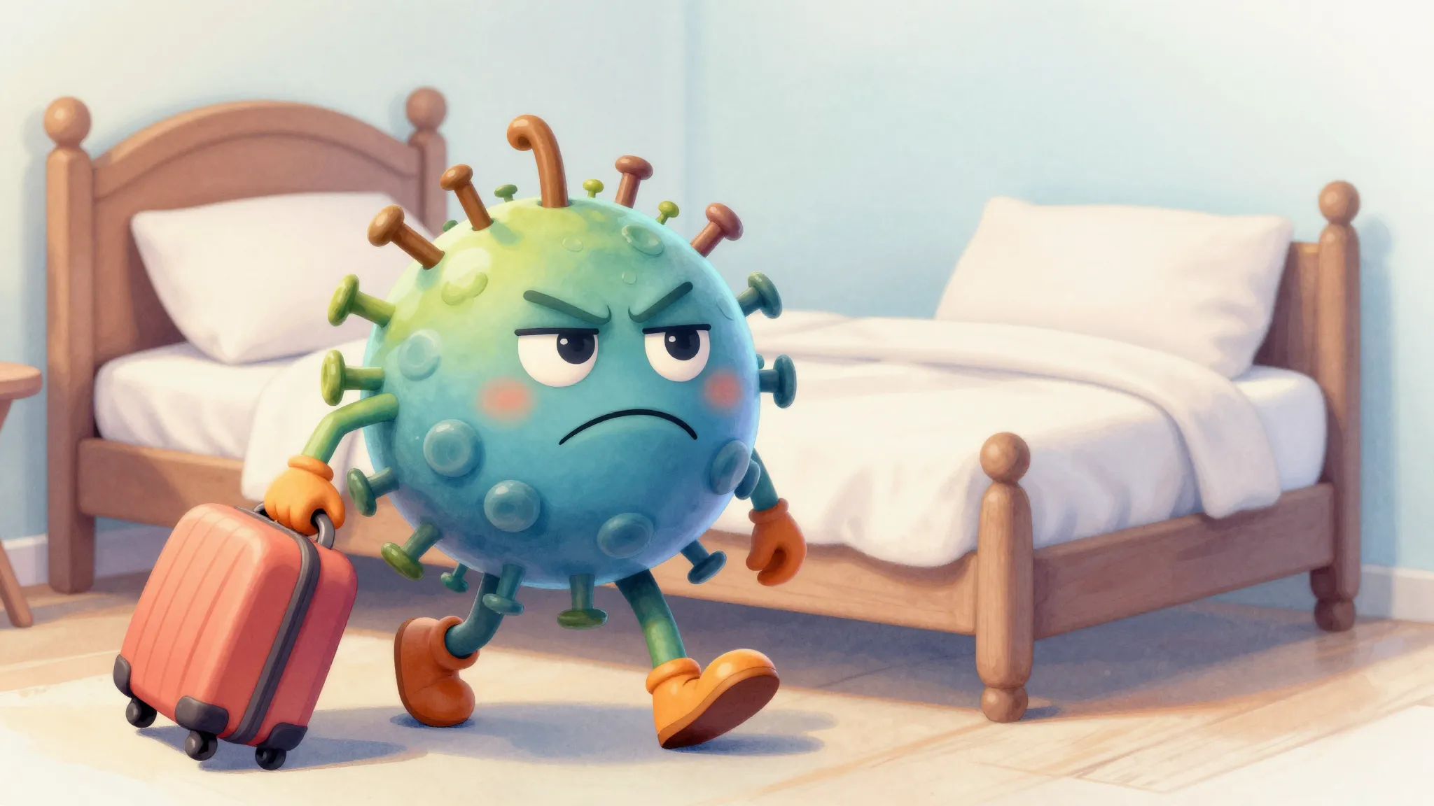 Watercolor style. A funny cartoon of a tiny, grumpy virus ch...