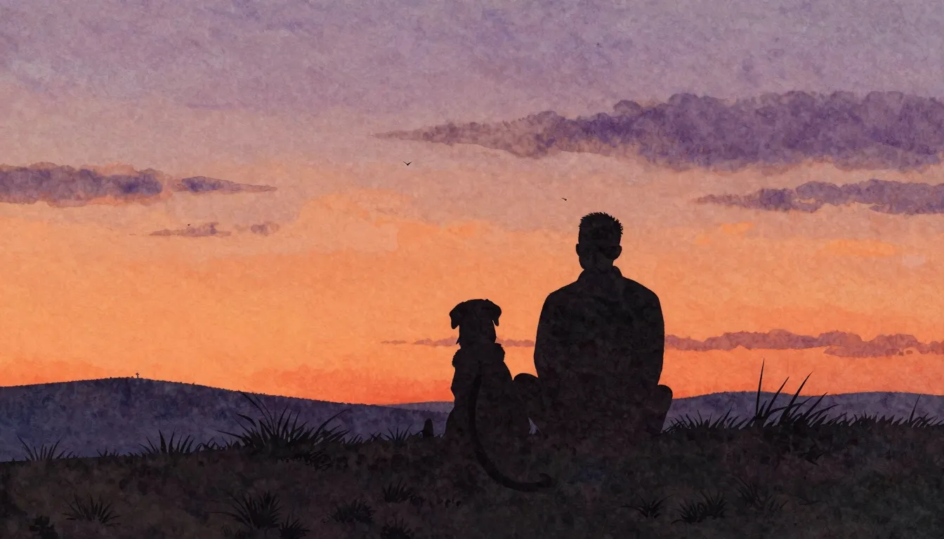 Watercolor style. A silhouette of a person and a dog sitting...