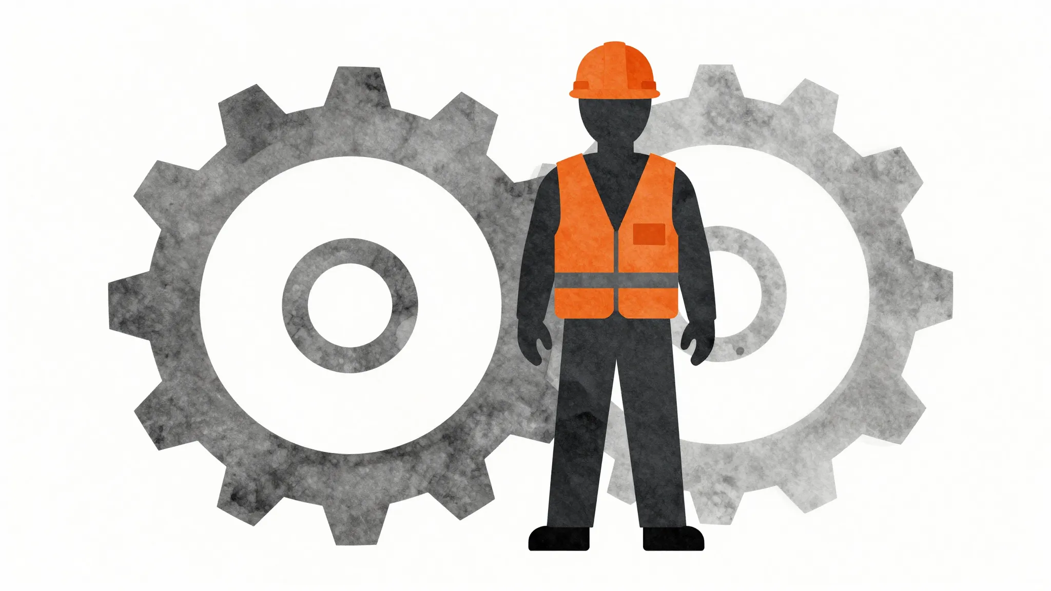 Watercolor style. A dark silhouette of a worker wearing a sa...