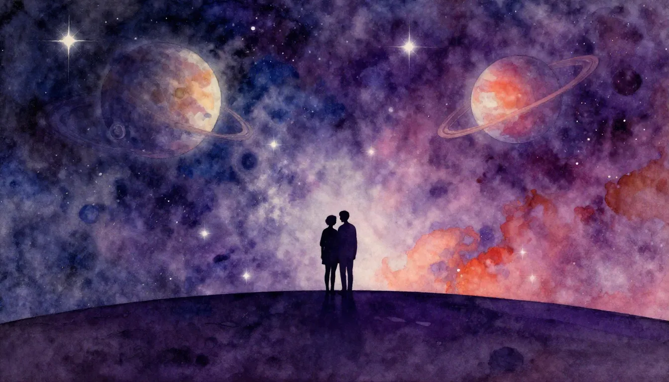 Vibrant watercolor style. Sci-fi, space, cosmic, lonely, mel...
