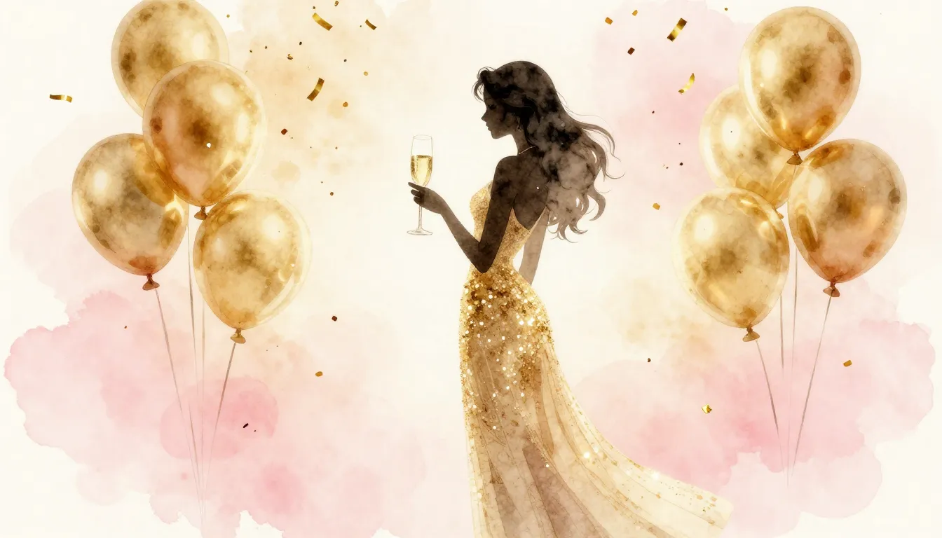 Watercolor style. Bright festive atmosphere, golden balloons...