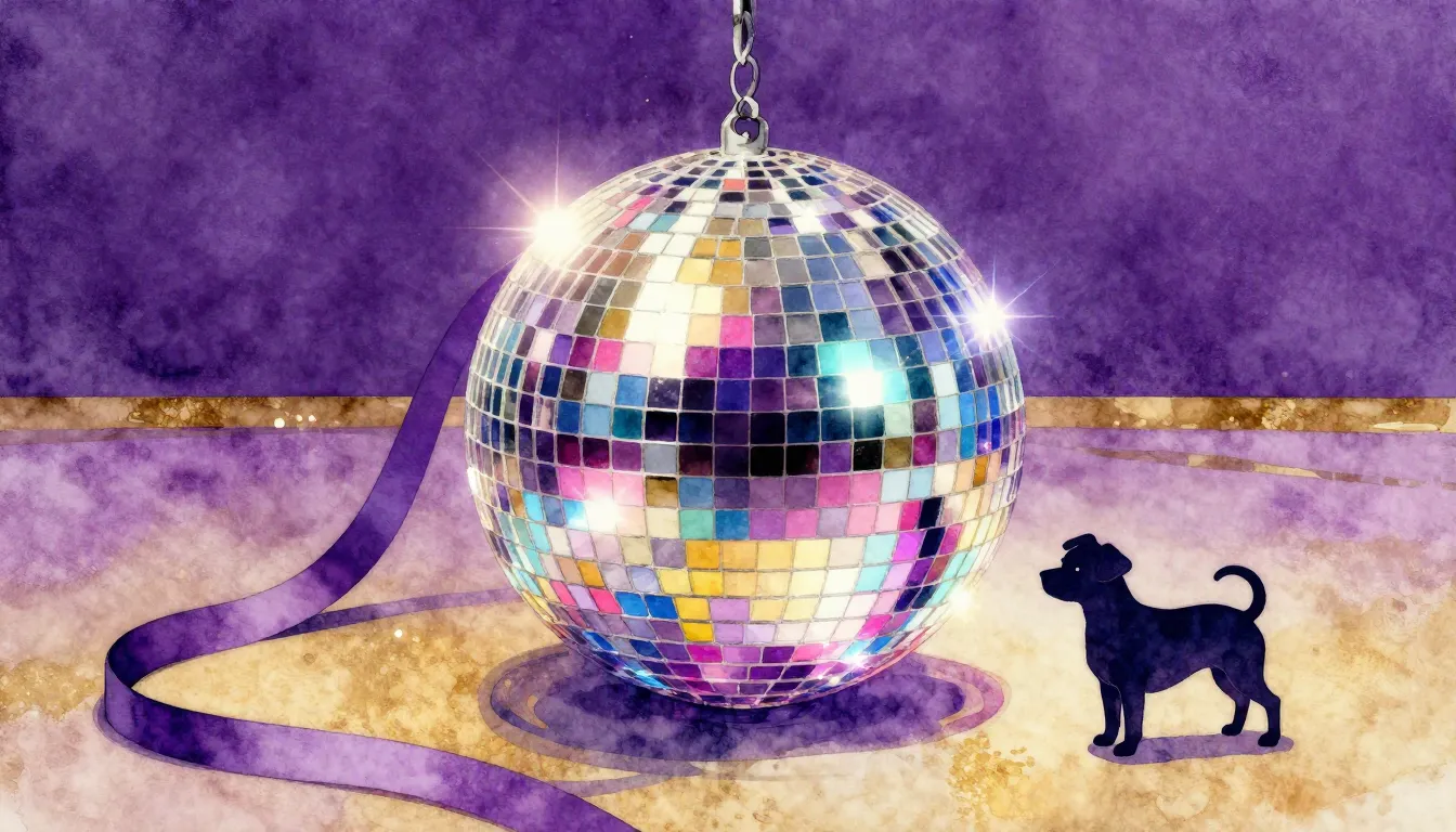 Watercolor style. A sparkling disco ball reflecting colorful...