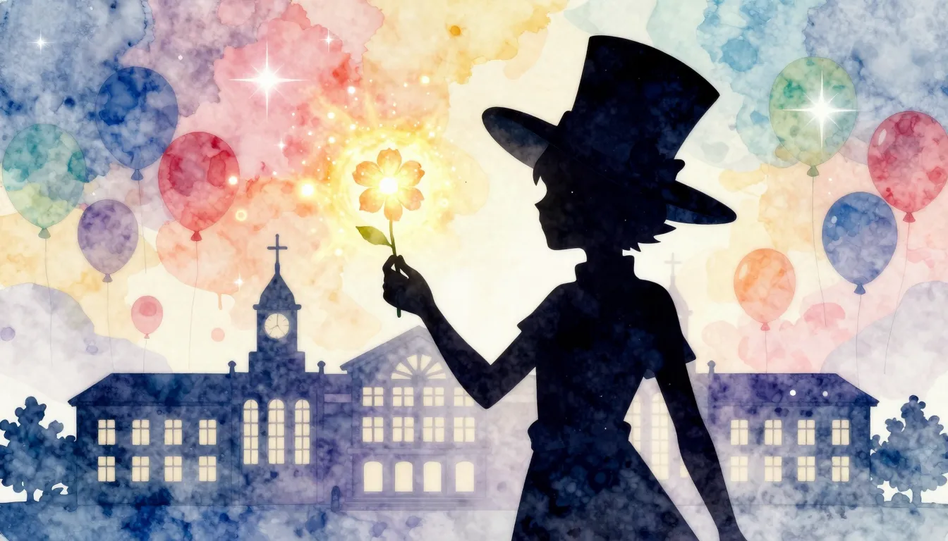 Watercolor style. A silhouette of a character in a large wid...