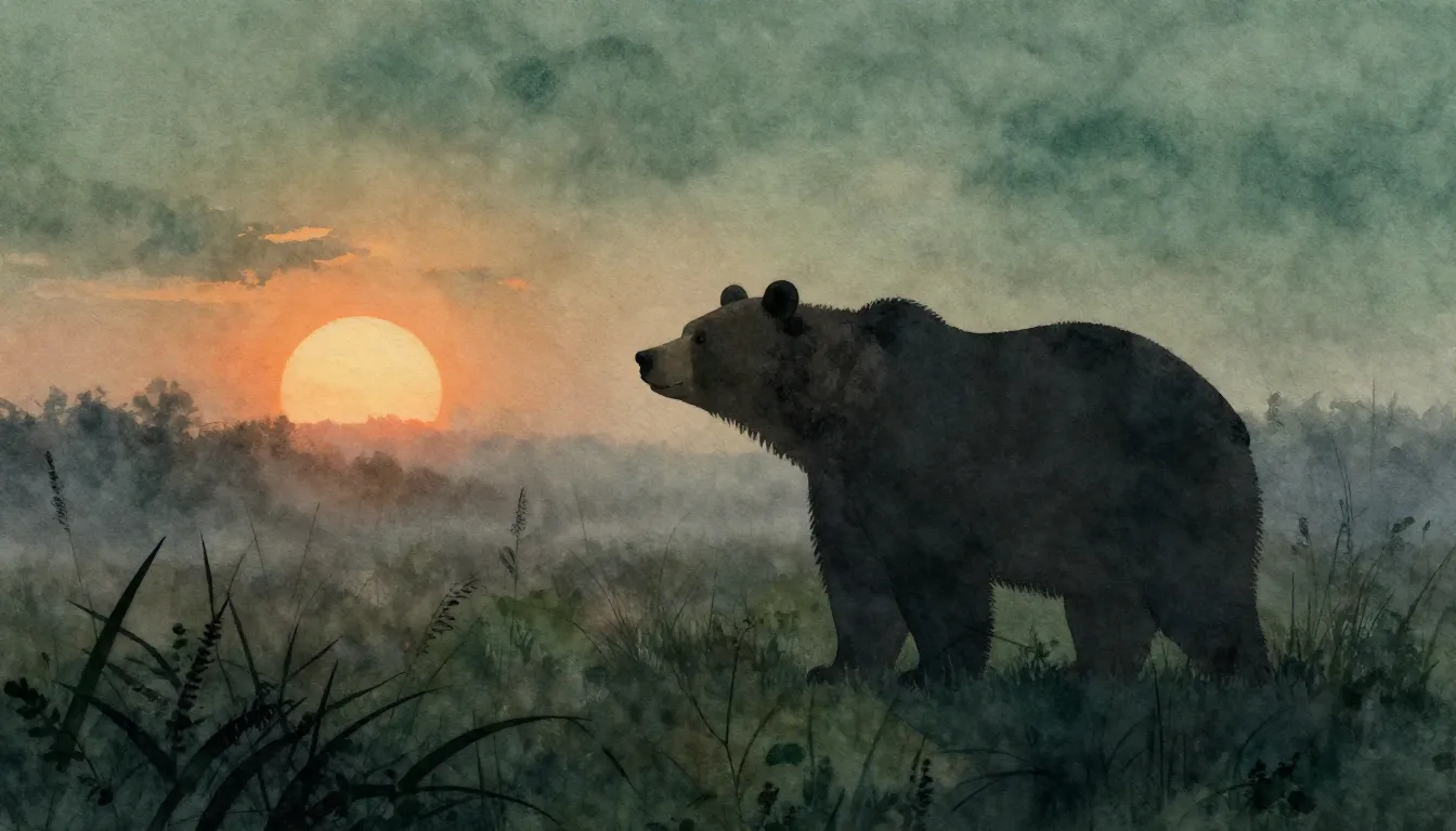 Watercolor style. Silhouette of a bear standing in a vast mi...