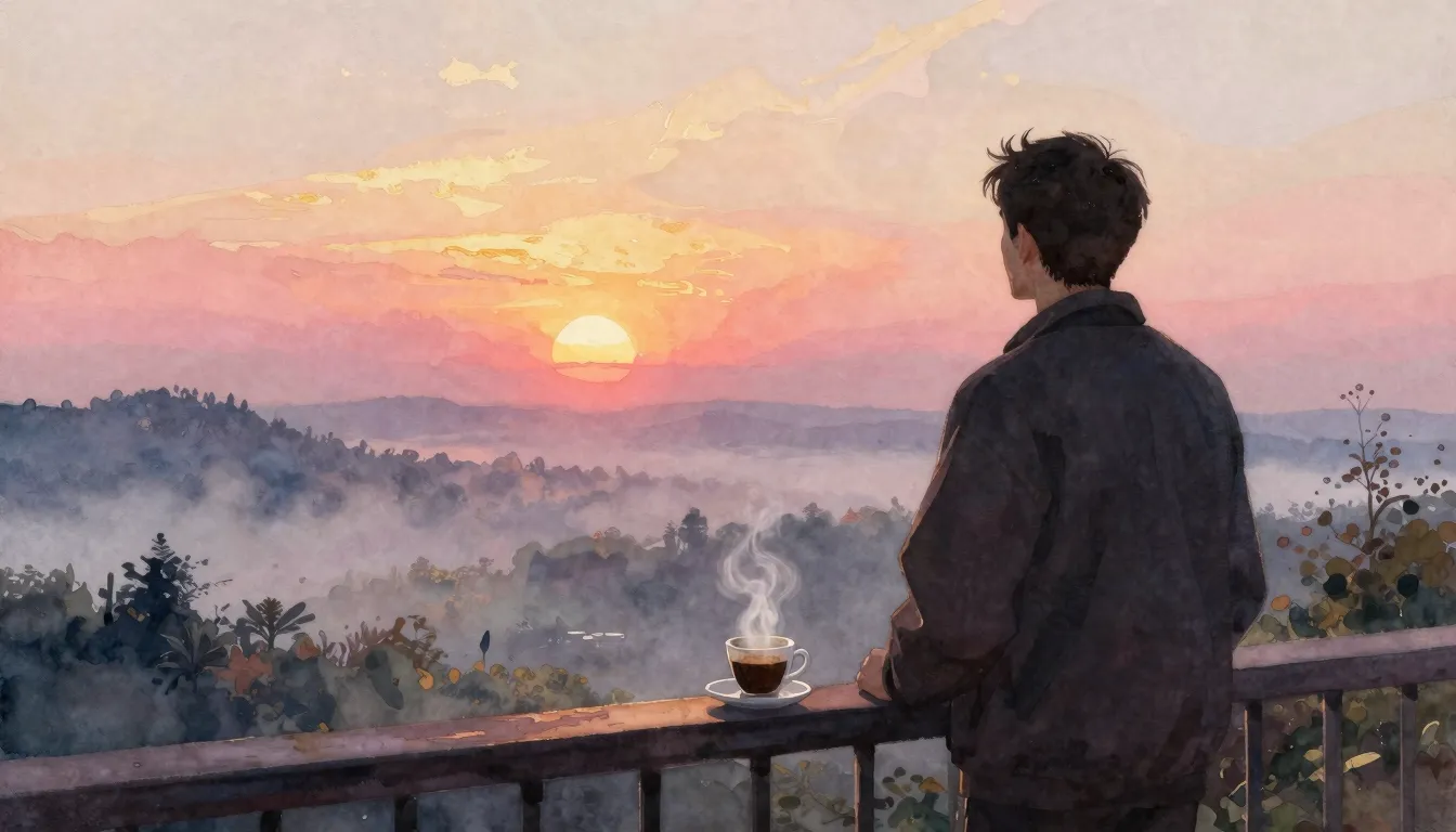 Watercolor style. A silhouette of a man stands on a balcony ...