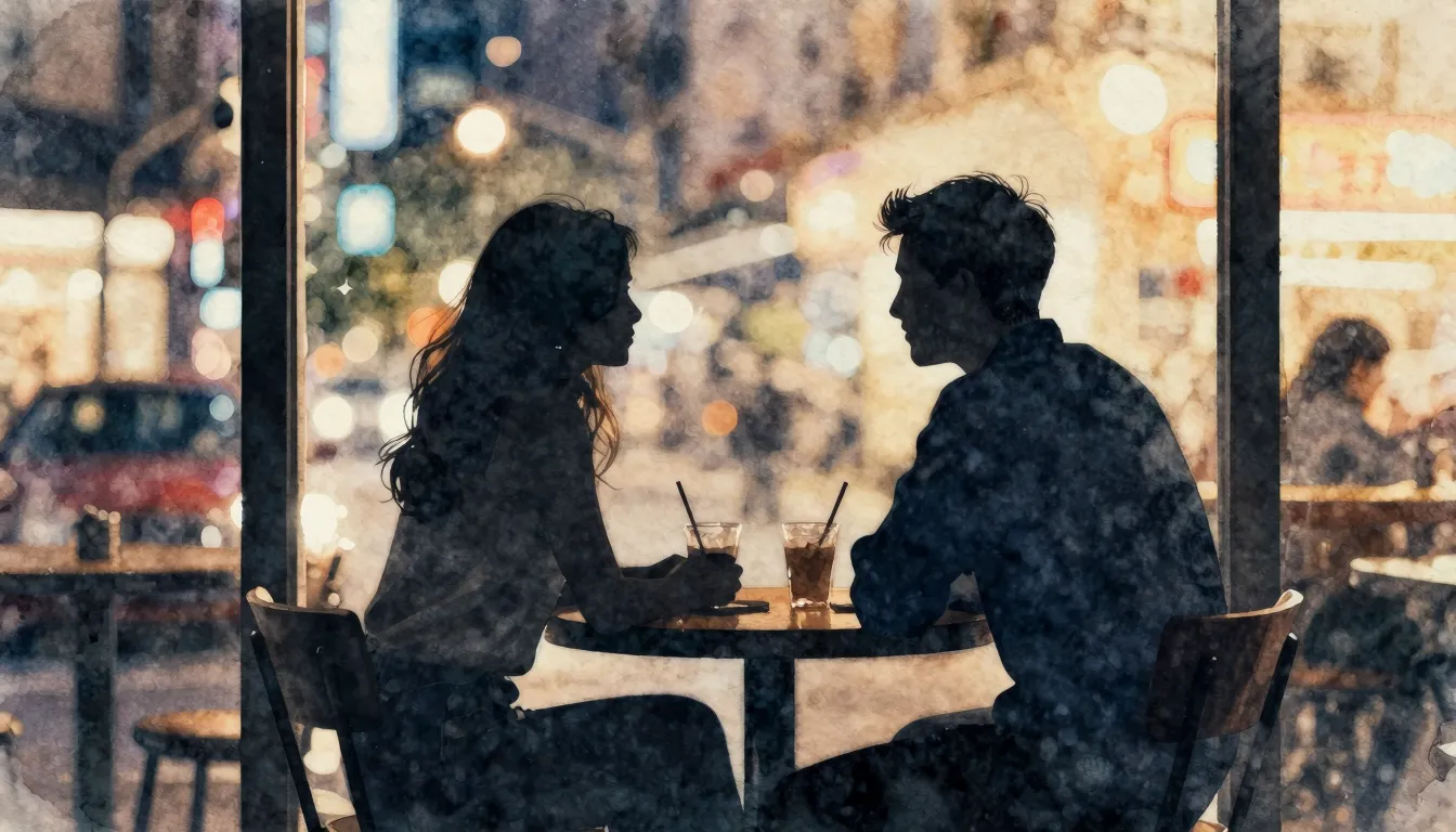 Watercolor style. A silhouette of a man and a woman sitting ...