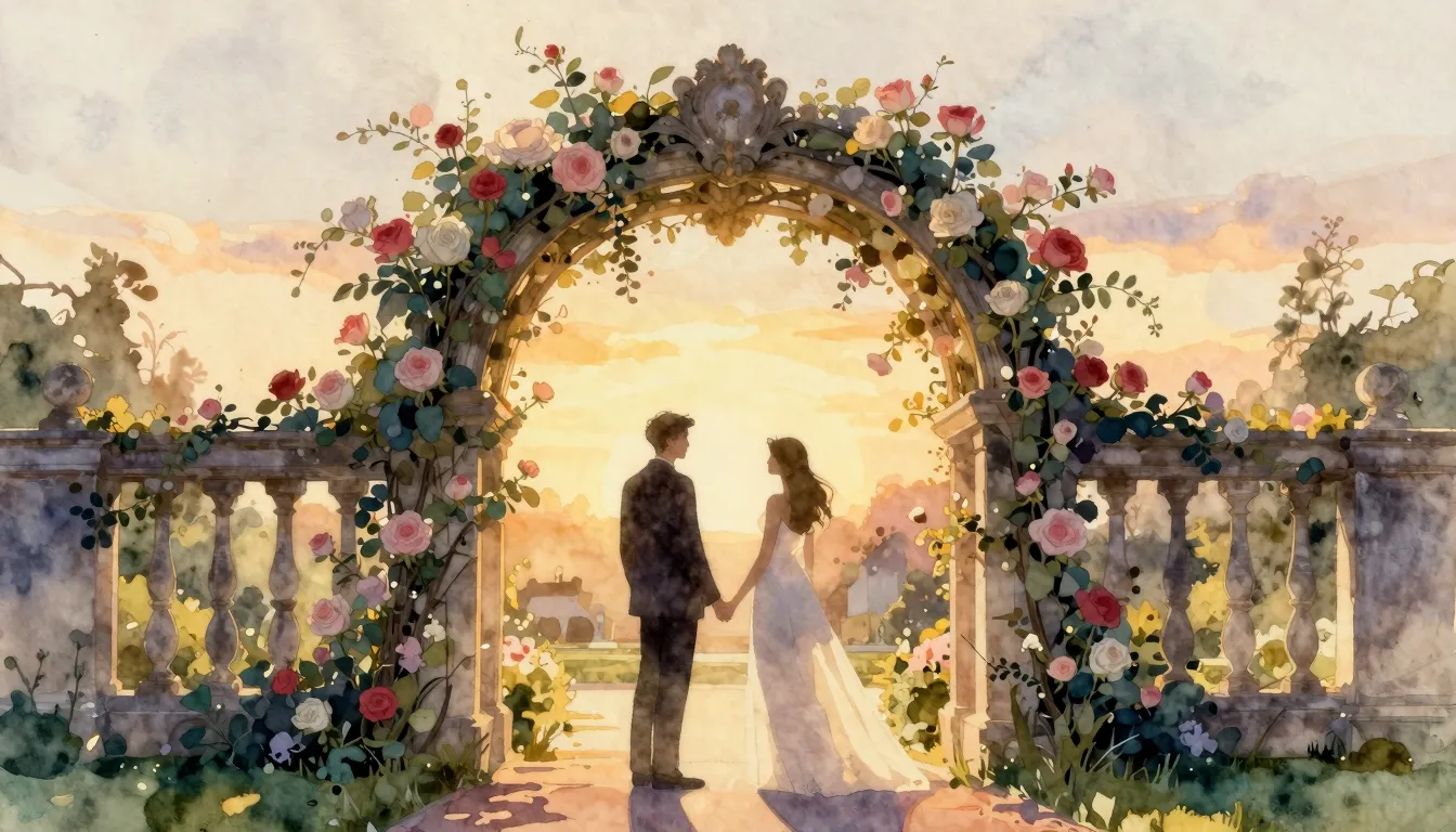 Watercolor style. Silhouettes of two figures standing under ...