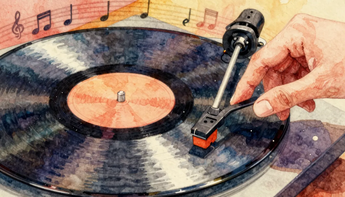 Vibrant watercolor style. Vintage jazz album cover, focus on...
